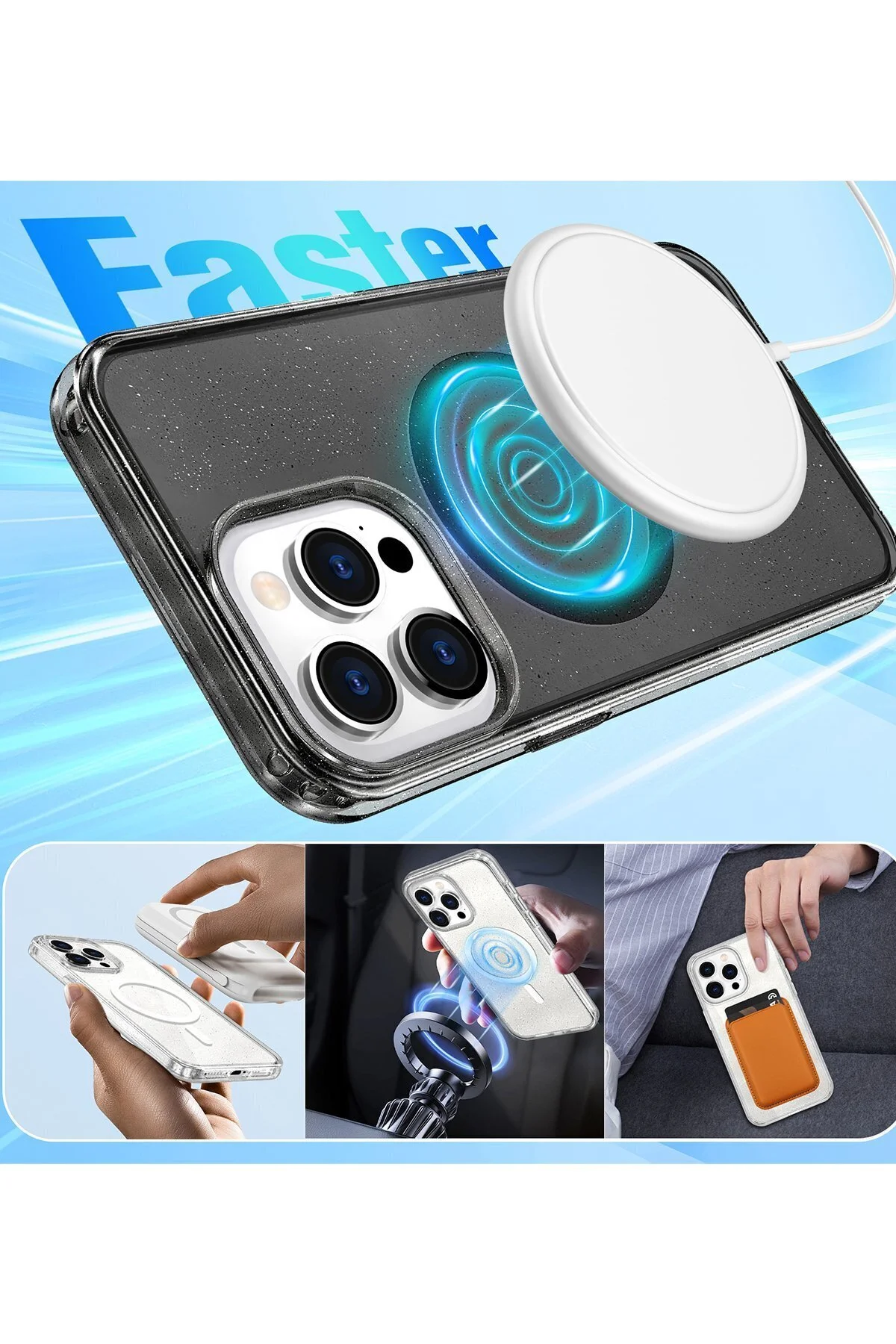 iPhone 15 Pro Max Uyumlu Renkli MagneticSafe Parlayan Simli A+ Kalite Silikon Kapak - Şeffaf