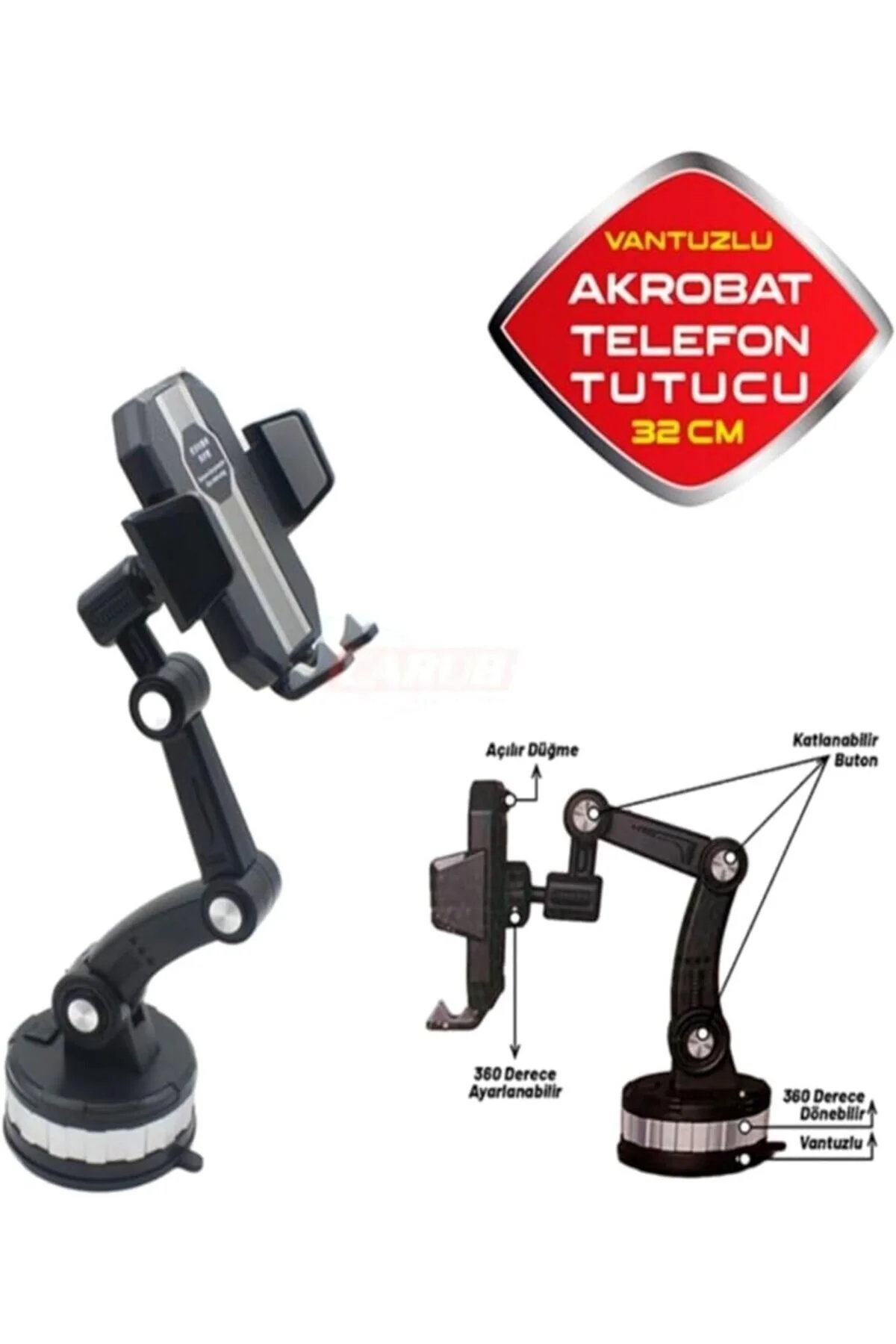 Mekanizmalı Dönebilen Uzayabilen Kollu Vantuzlu Akrobat Araç İçi Telefon Tutucu