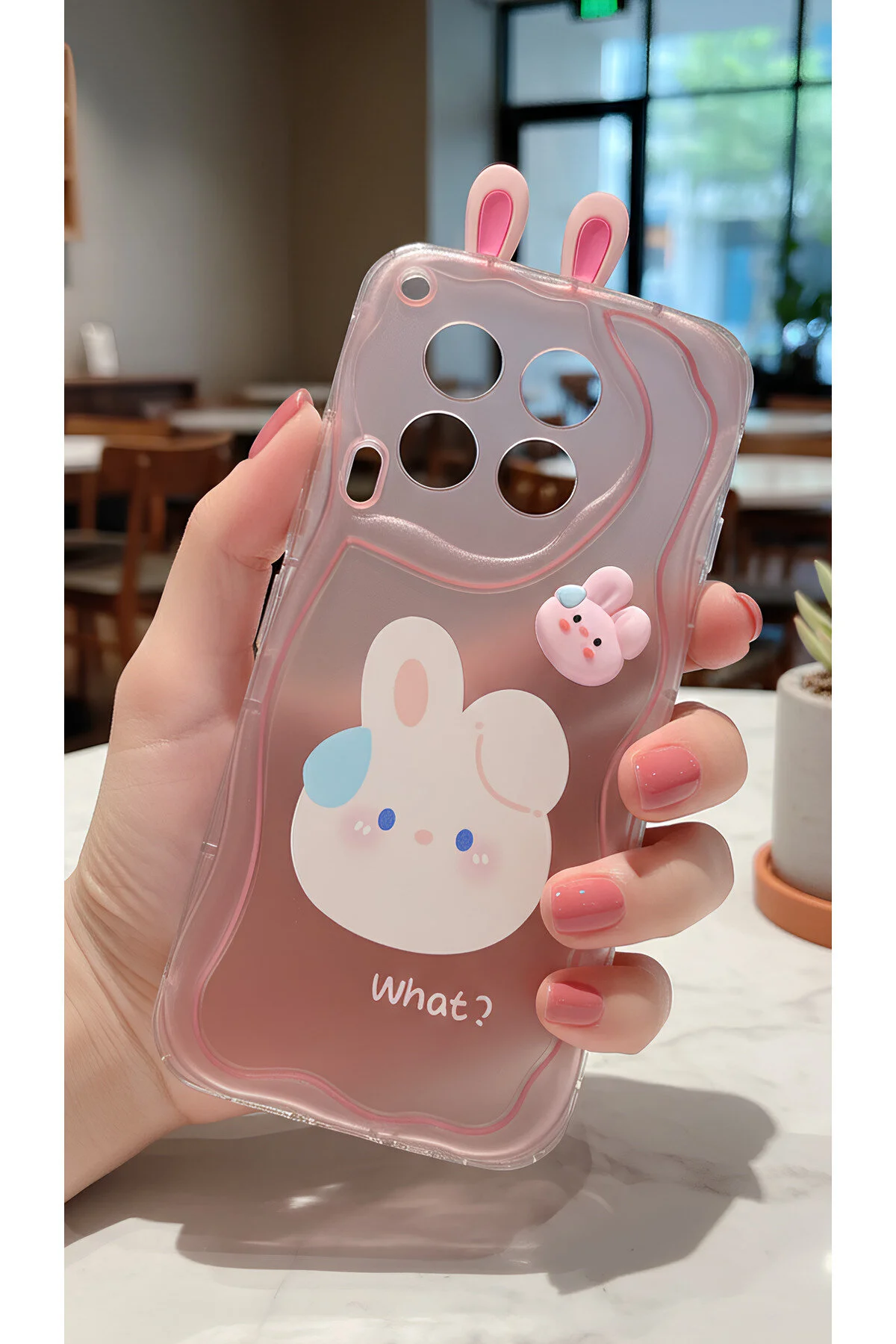 Tecno Camon 30 İçin Uyumlu 3D Tavşan Kulaklı Tasarımlı Dalgalı Kenar Şeffaf Pembe Kılıf