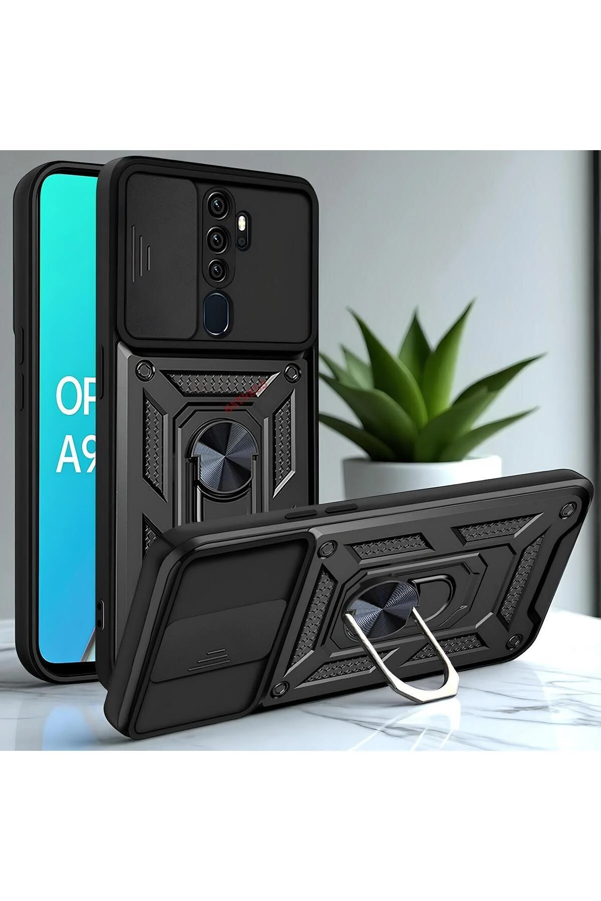 Oppo A5 2020 Kılıf Magnetik Standlı Sürgülü Kamera Korumalı TPU Tank Kapak
