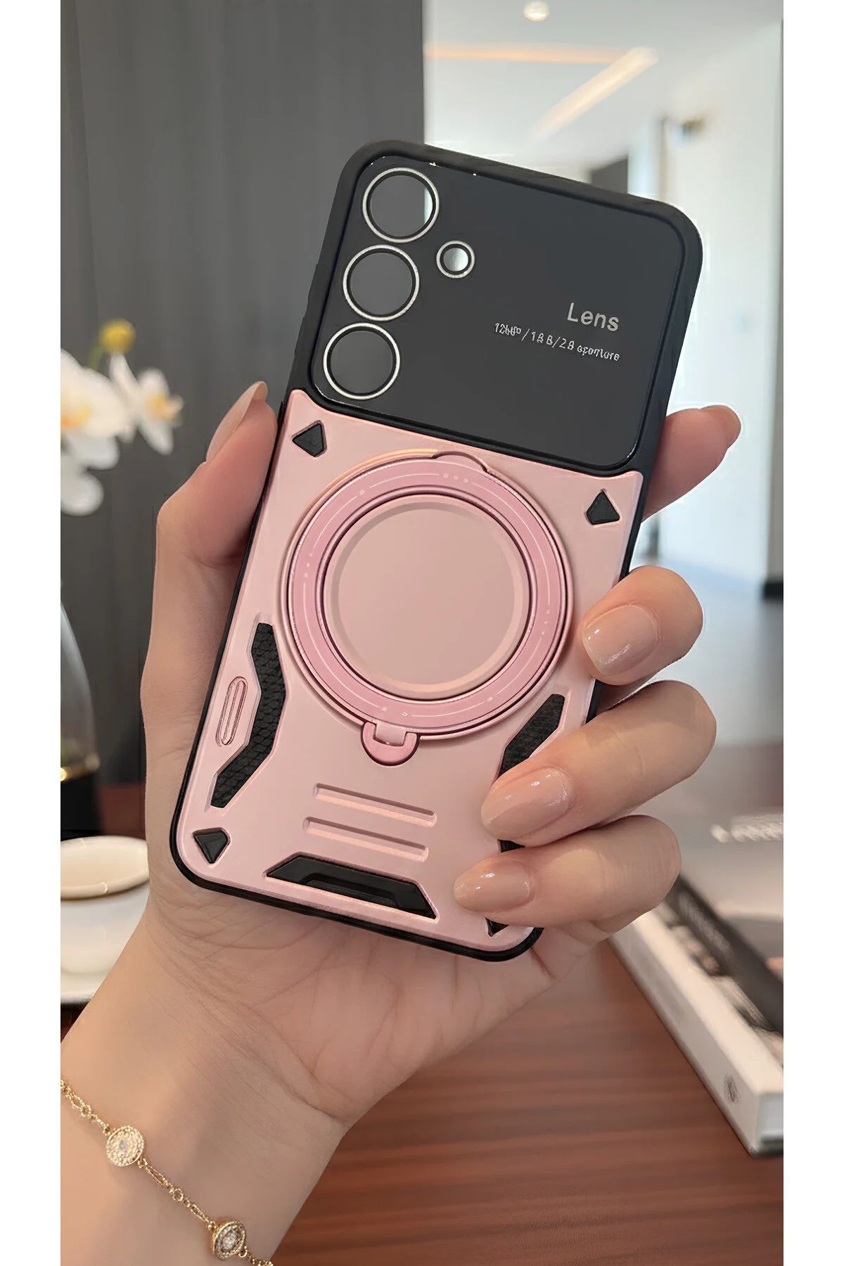 Galaxy A15 İçin Uyumlu 3D Kamera Lens Korumalı Yüzüklü Stand Olabilen Kılıf