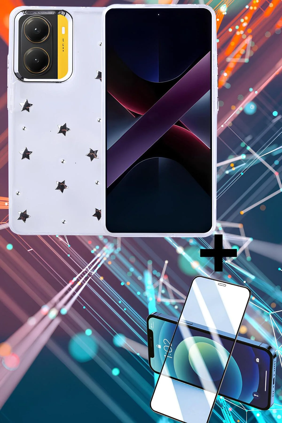 Xiaomi Poco X7 Pro Kılıf Kabartmalı Desenli Tasarım Şeffaf Yapılı Kapak + Ekran Koruyucu