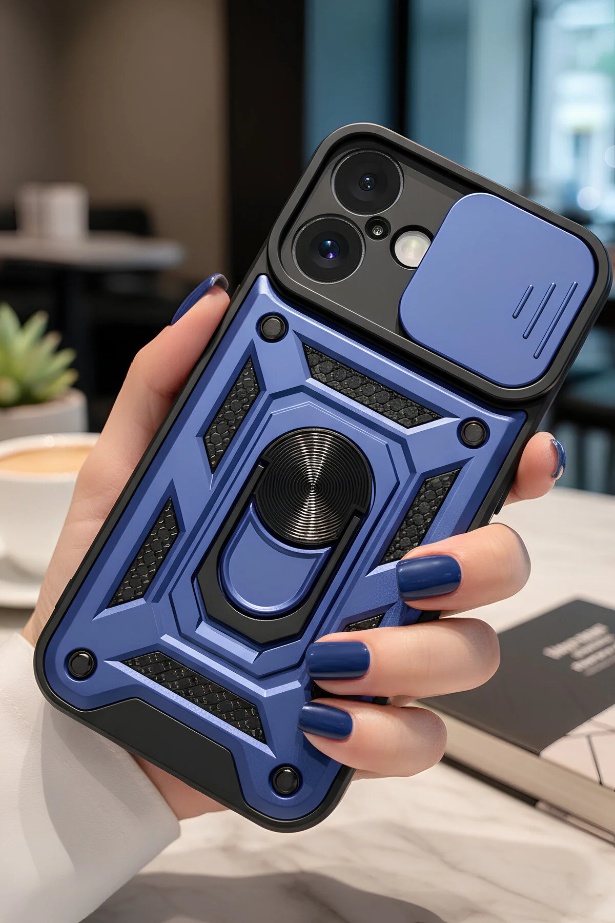 iPhone 12 Mini Kılıf Sürgülü Kamera Korumalı Yüzüklü Stand Olabilen Magnetic Tpu Tank Kapak