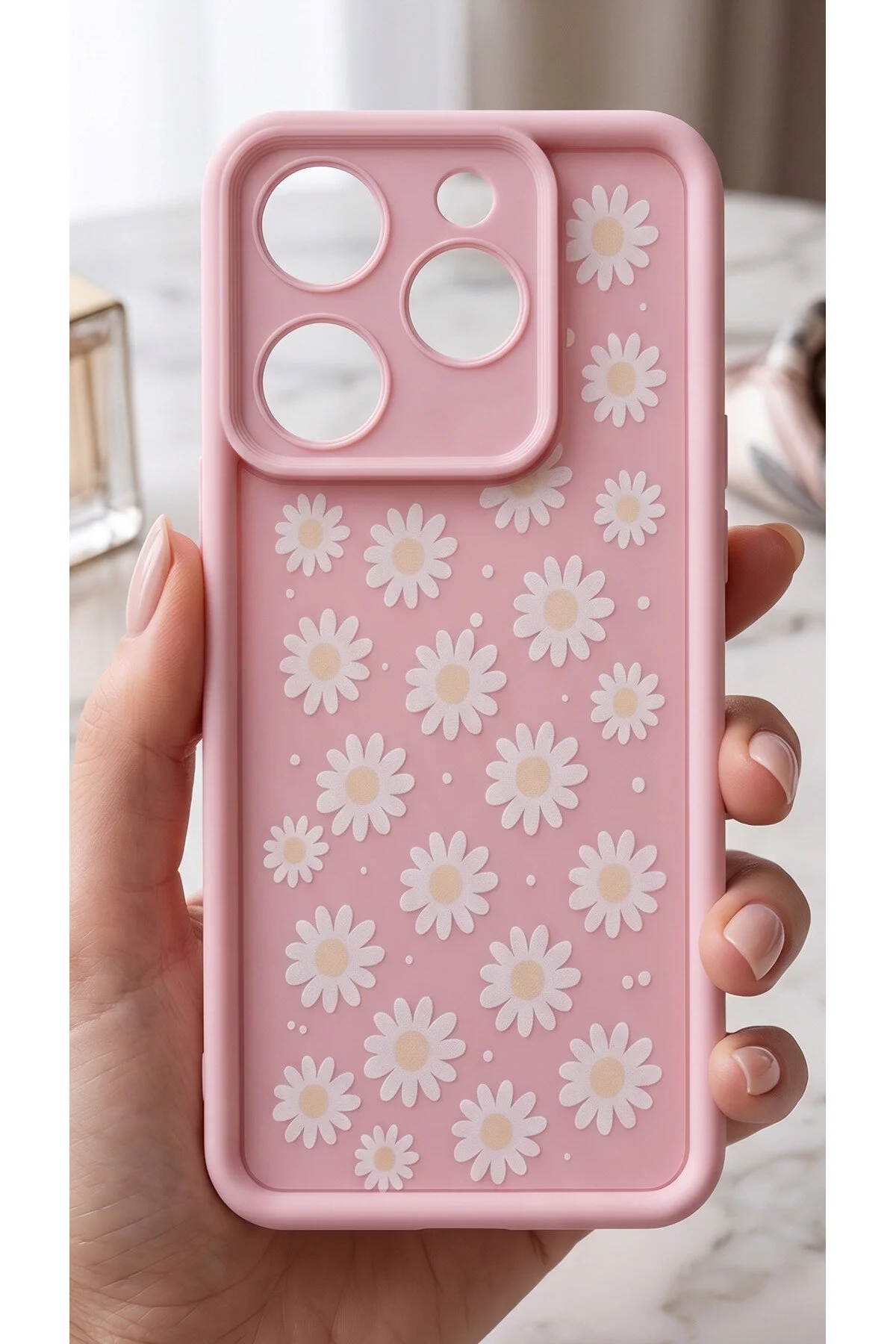 Tecno Spark 10 Pro Papatya Desenli Silikon Telefon Kılıfı Darbe Korumalı Soft Pembe Şık Kapak