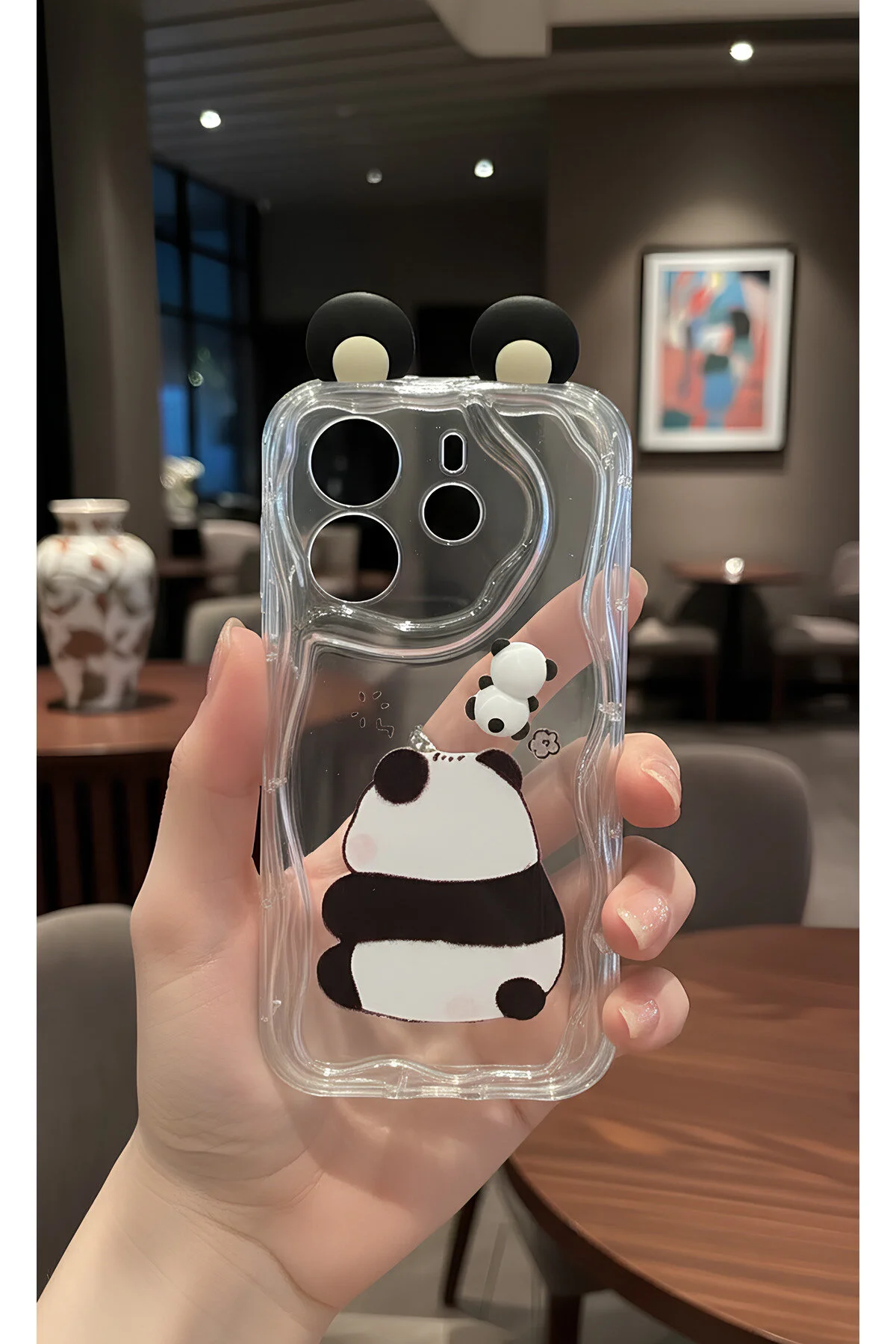 Redmi Note 14 4G İçin Uyumlu 3D Kulaklı Sevimli Panda Figürlü Şeffaf Telefon Kılıfı