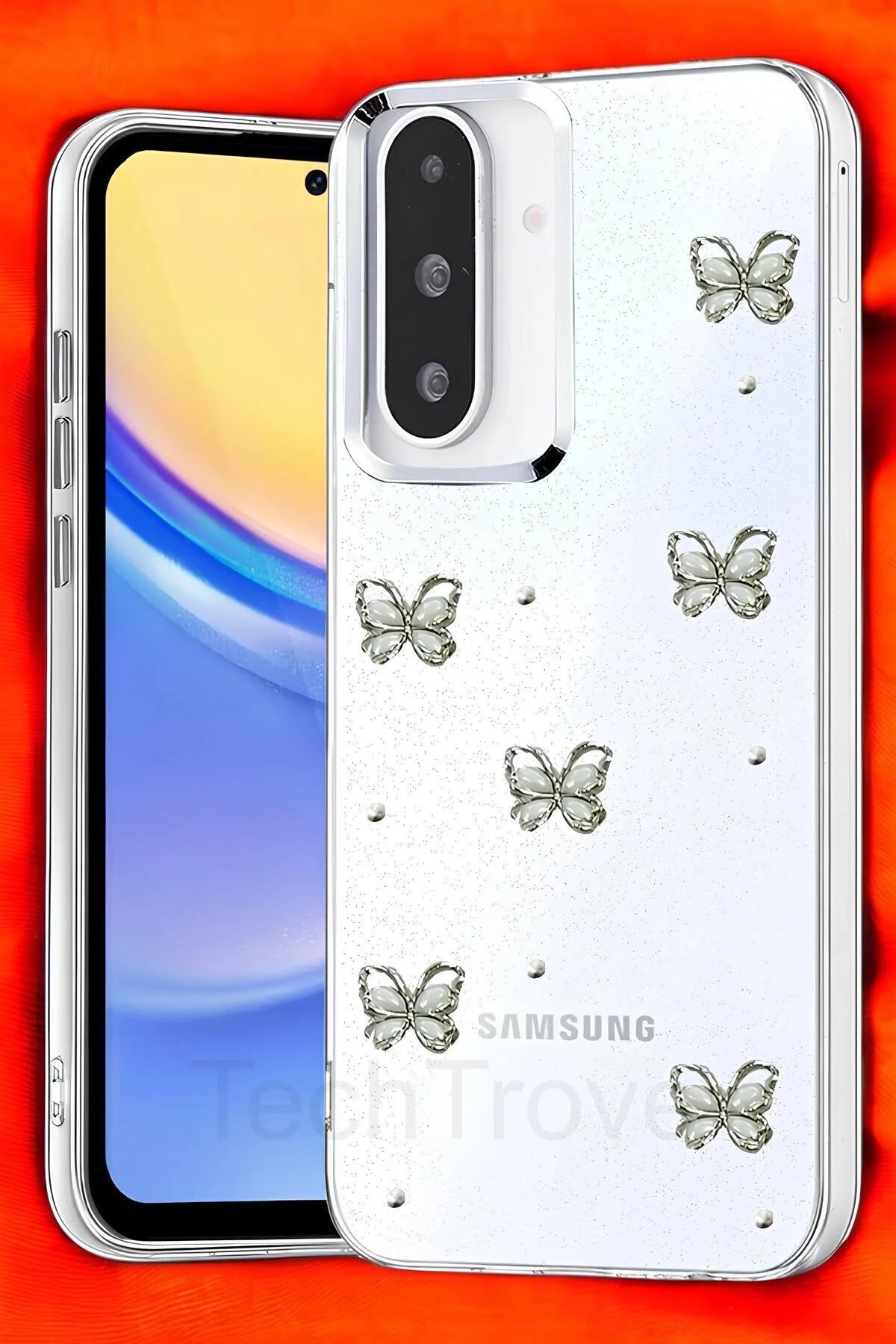 Samsung Galaxy A17 Kılıf Parlak Çıkartma Tasarımlı Simli Şeffaf Sararmaz Silikon Kapak