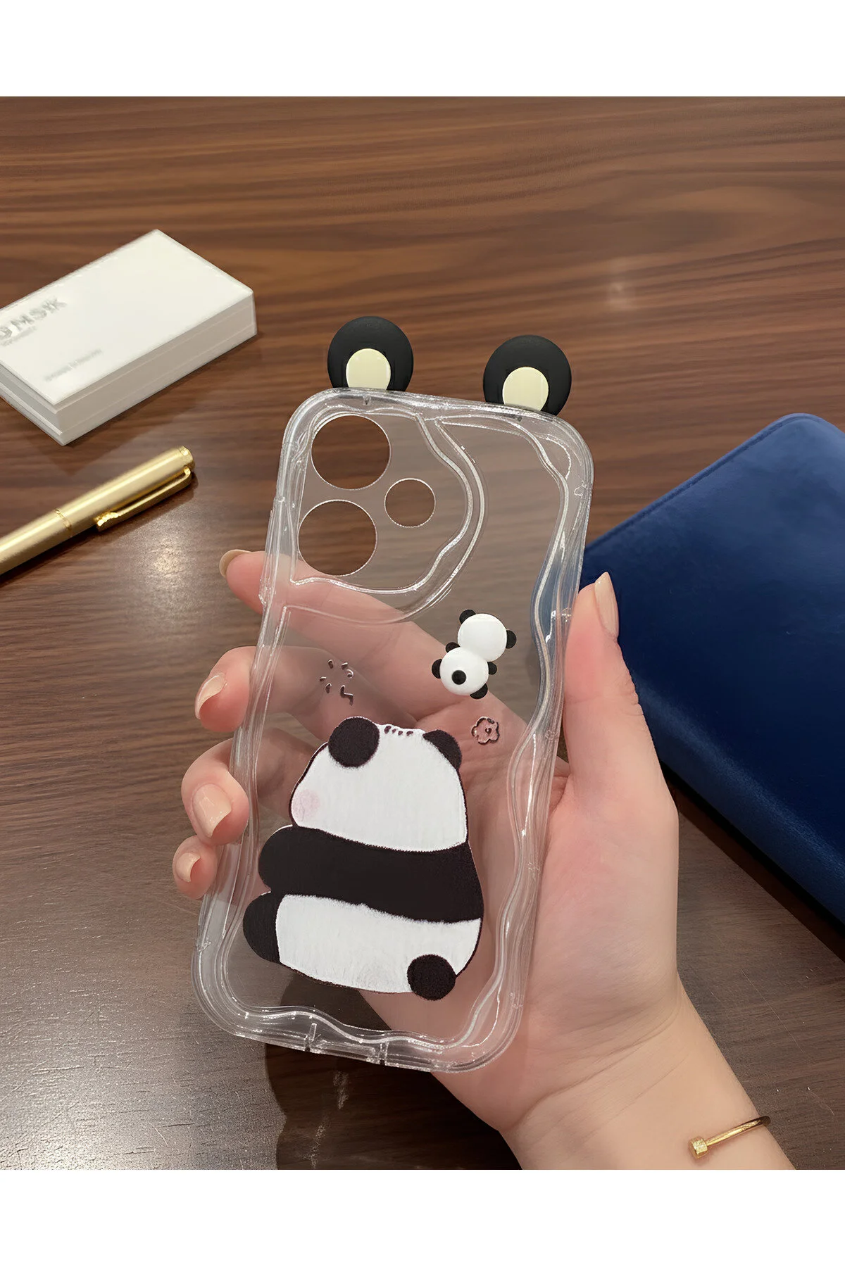 İnfinix Hot 30 İçin Uyumlu 3D Kulaklı Sevimli Panda Figürlü Şeffaf Telefon Kılıfı