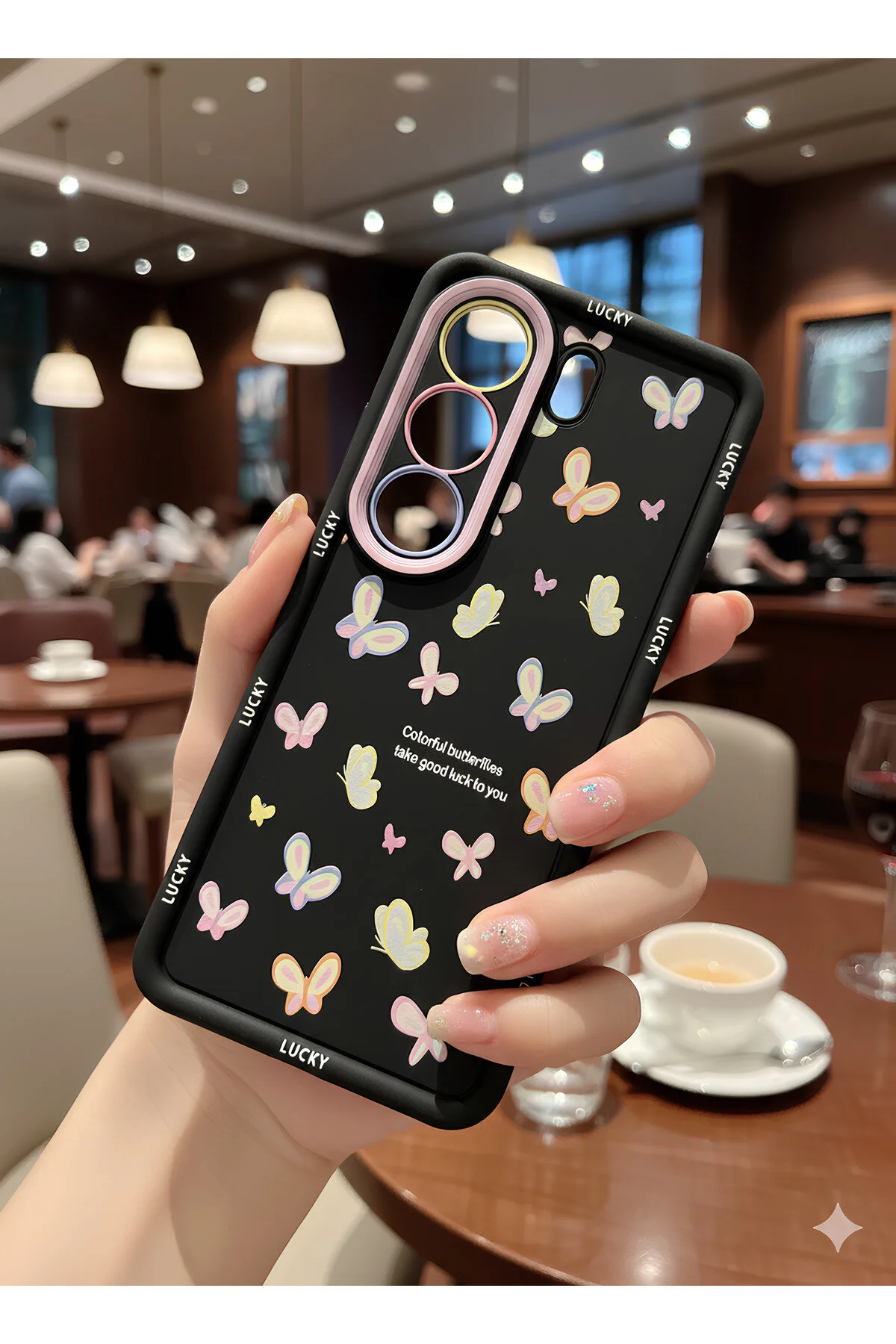 Tecno Camon 40 İçin Siyah Zemin Kelebekli ve Renkli Lens Çerçeveli Lucky Tasarım Kılıf
