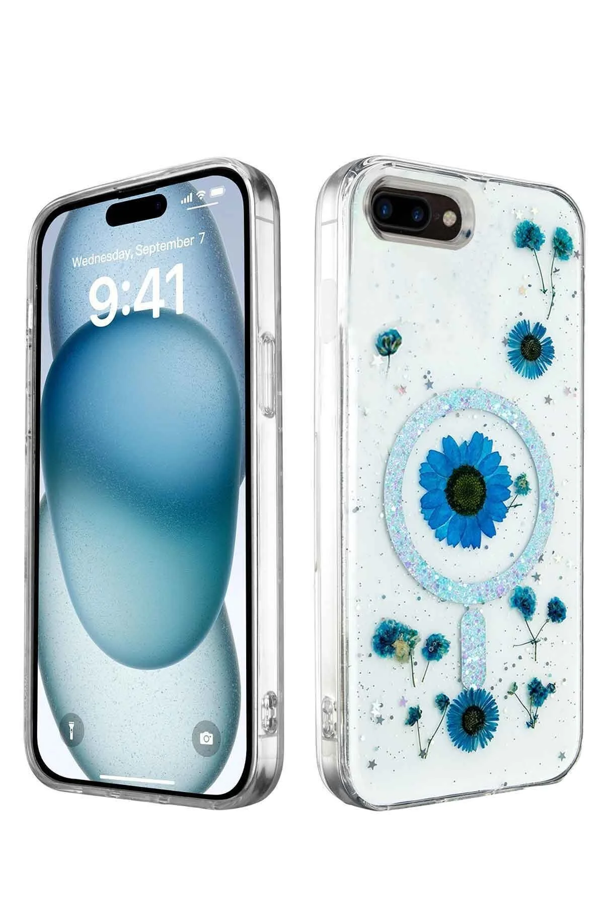 iPhone 7 Plus Uyumlu Simli Çiçekli Eşsiz Tasarım A+ Kalite Silikon Kapak - Mavi