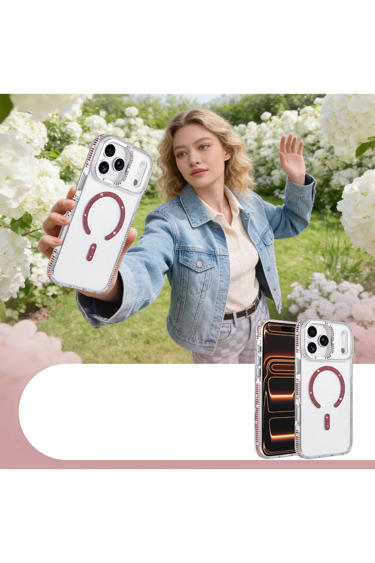 iPhone 17 Pro Max İçin Uyumlu M-safe Şarj Özellikli Taşlı Lüx Kapak