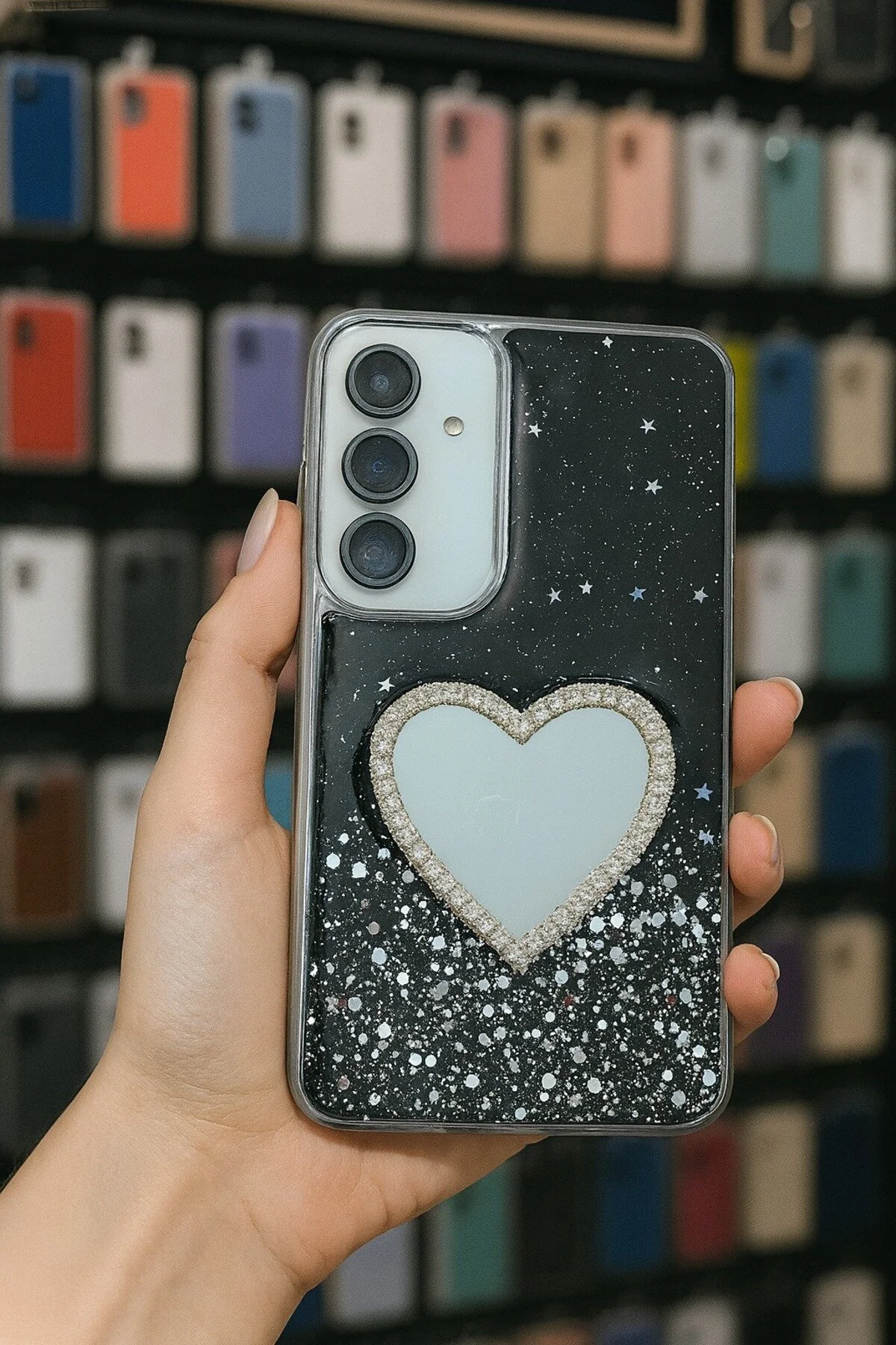 Samsung Galaxy S24 FE Kılıf Kamera Çıkıntılı Simli Kalpli Aynalı İnce Premium Kalite Kapak