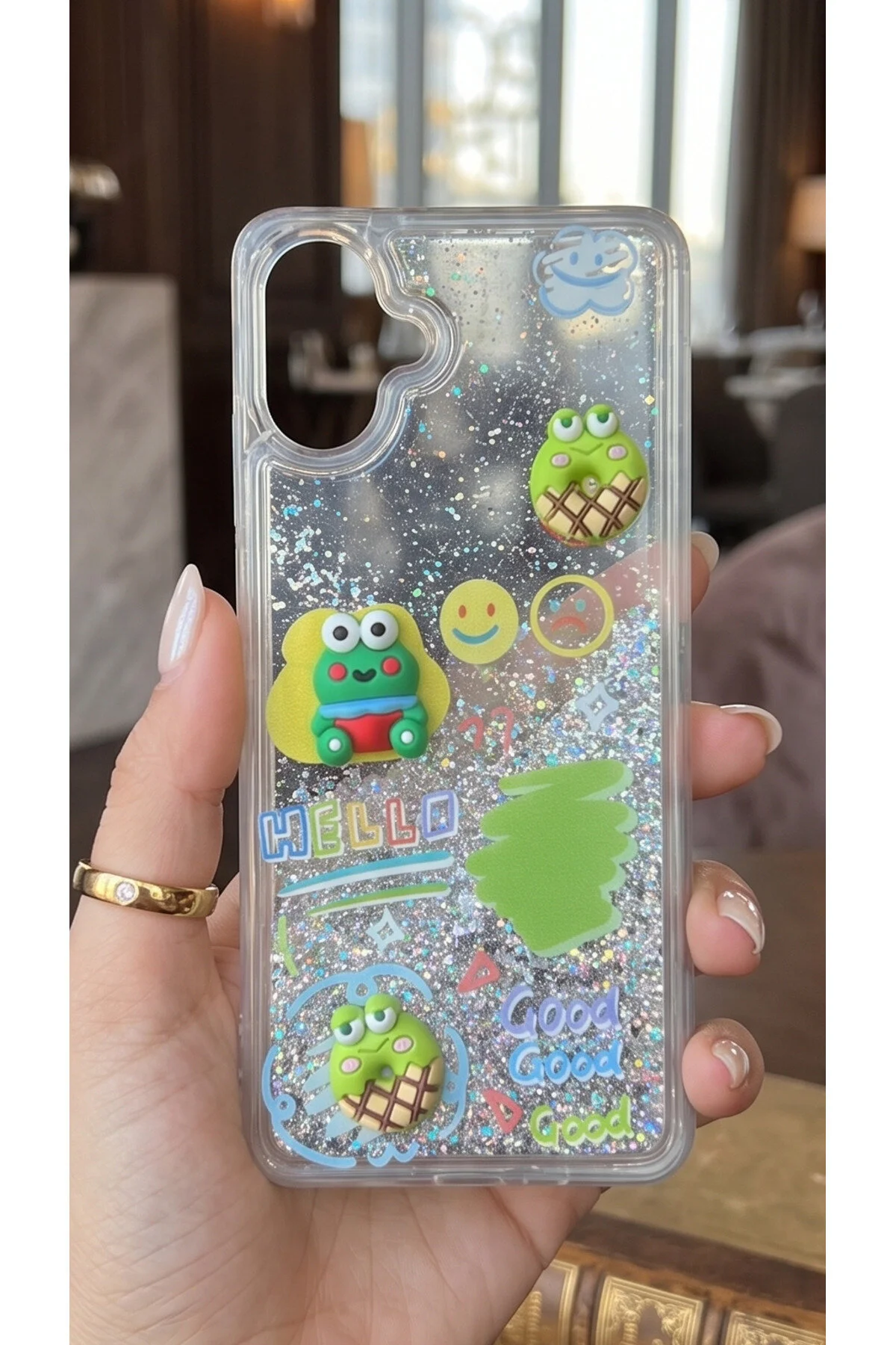 Galaxy A07 Kılıf Hareketli Simli 3D Karakterli Love Figürlü Şeffaf Koruyucu Kapak