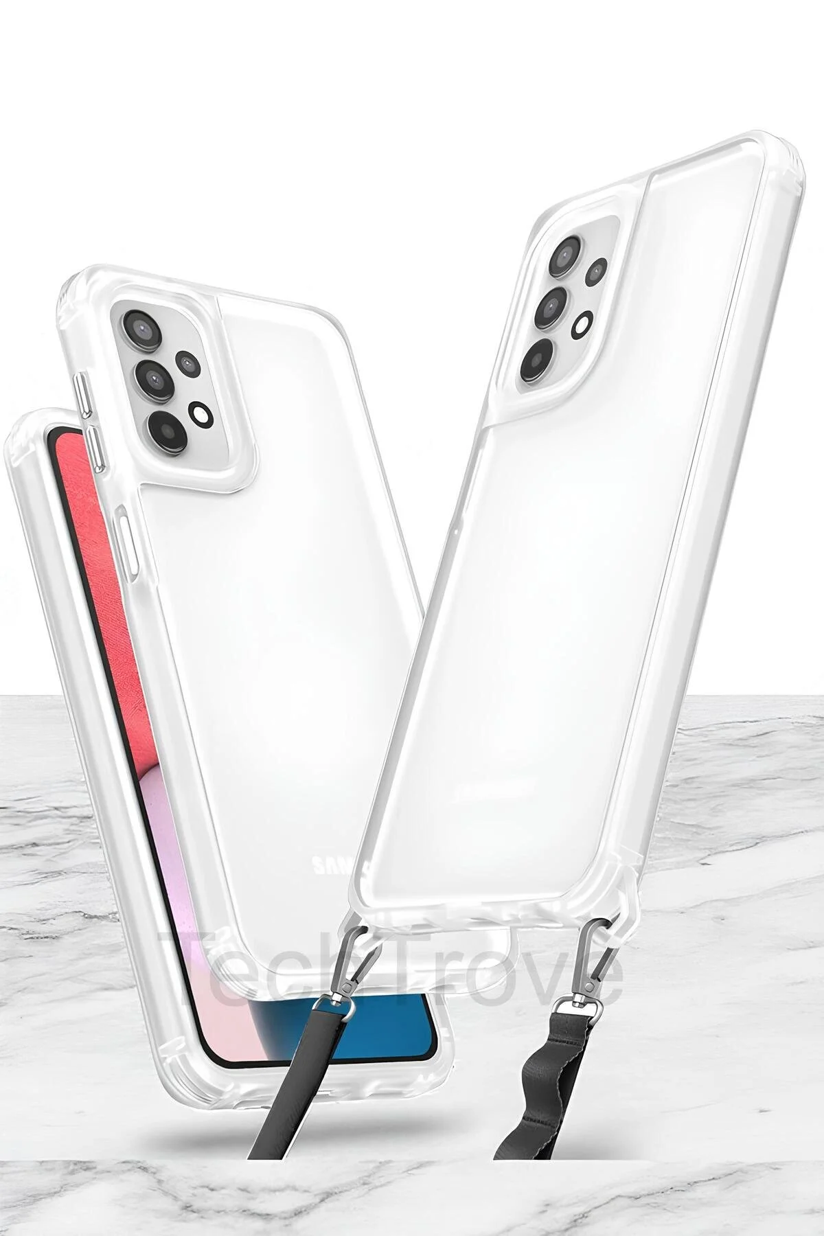 Samsung Galaxy A52 Kılıf Kamera Korumalı Şeffaf Arka Yüzeyli Askı Aparatlı Kapak