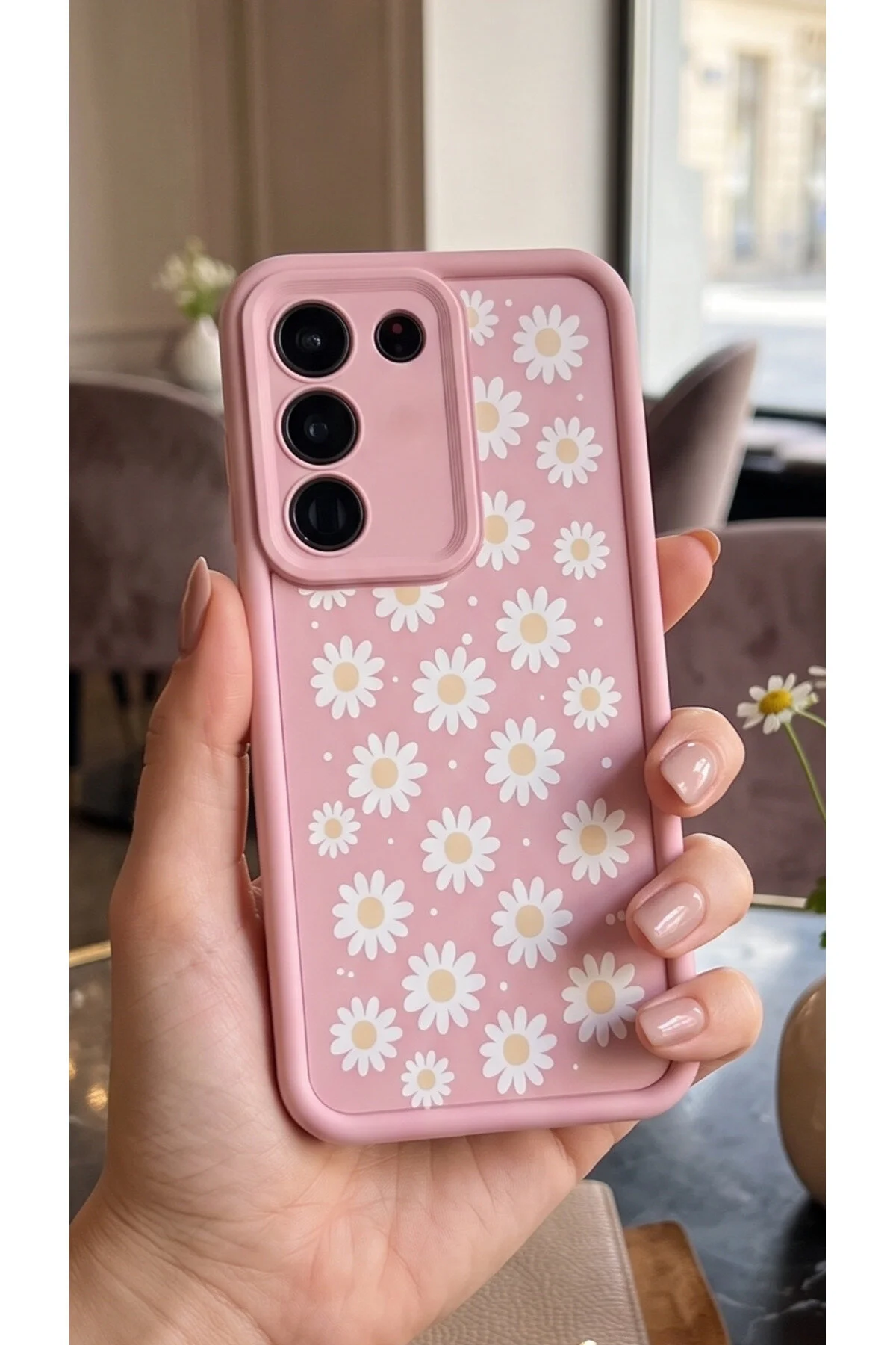 Vivo V30 Lite Papatya Desenli Silikon Telefon Kılıfı Darbe Korumalı Soft Pembe Şık Kapak