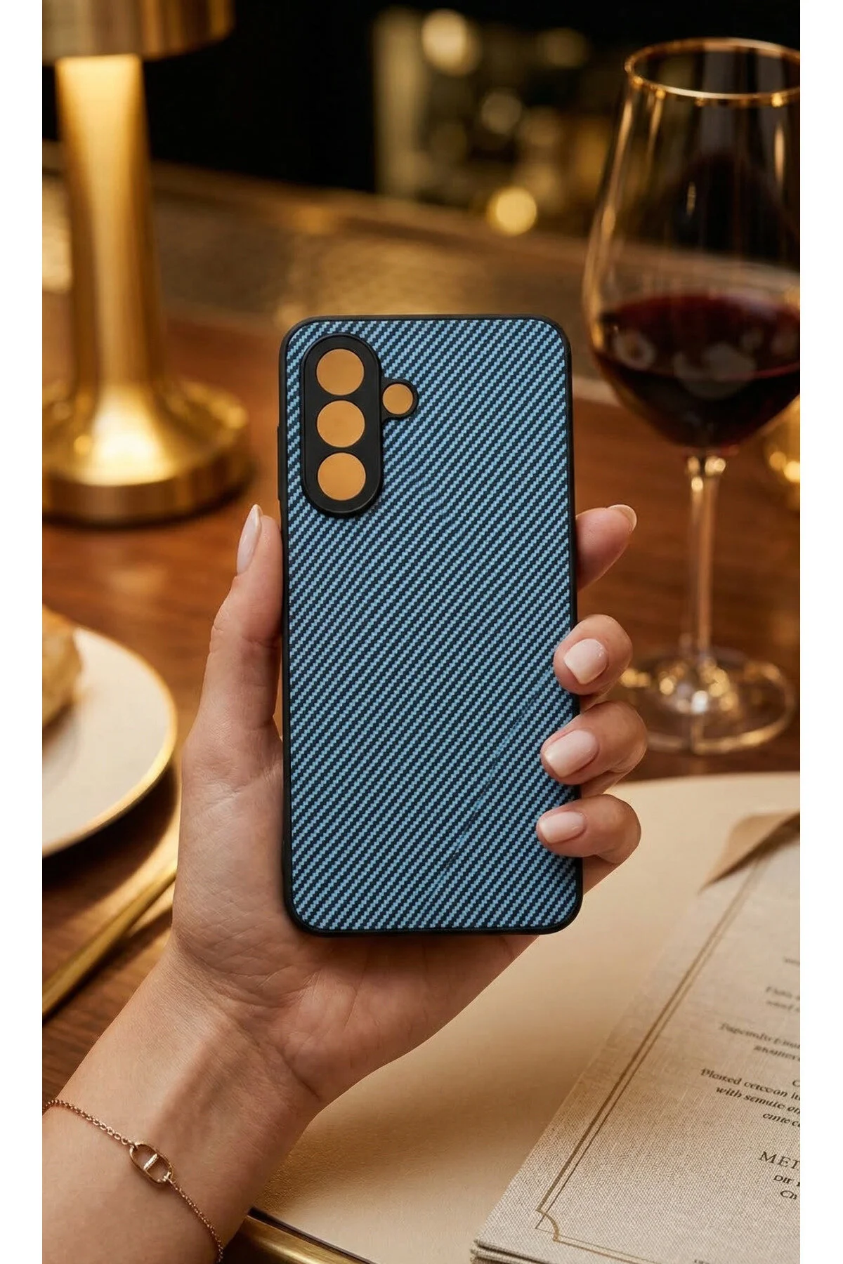 Galaxy A57 İçin Uyumlu Karbon Fiber Dokulu Mat Lacivert Premium Silikon Kılıf