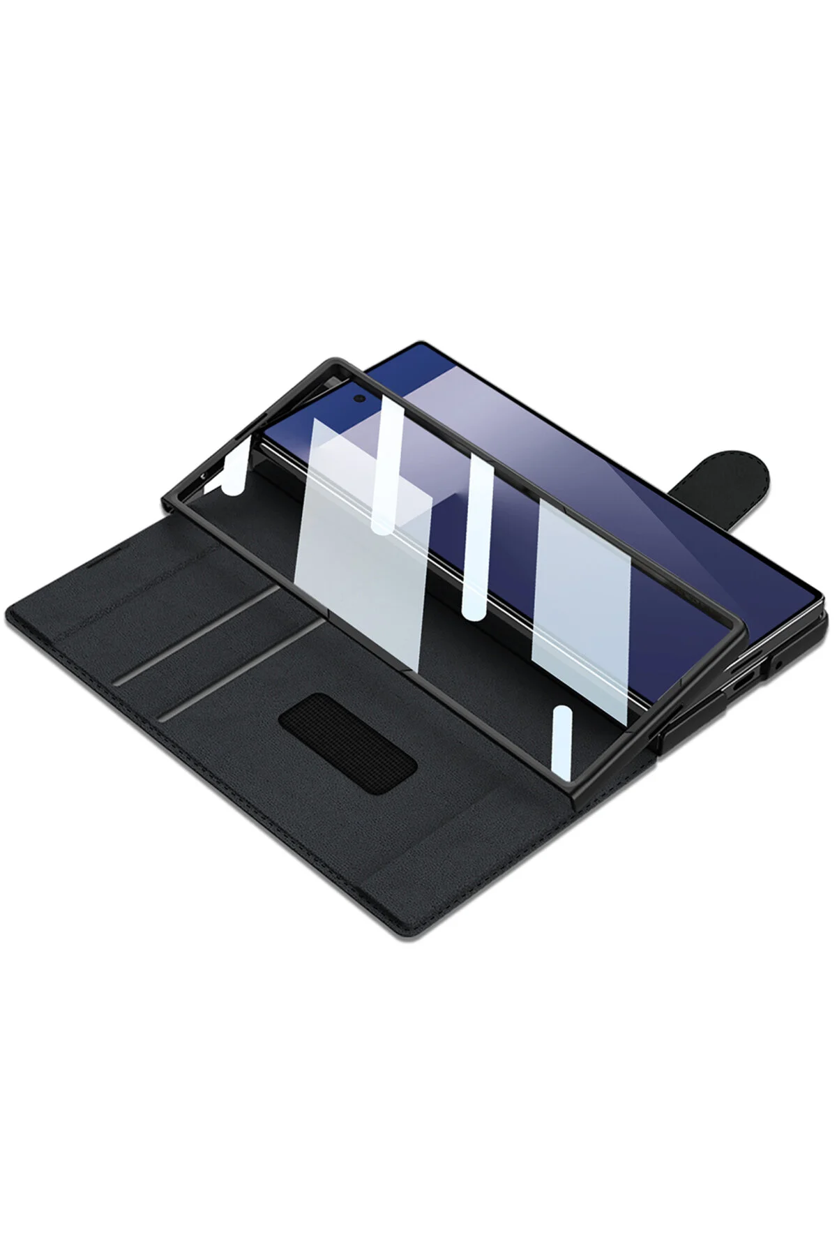 Samsung Galaxy Z Fold 7 Kılıf Kamera Korumalı Kadife Stand Özellikli Kopçalı Kalem Bölmeli Kapak