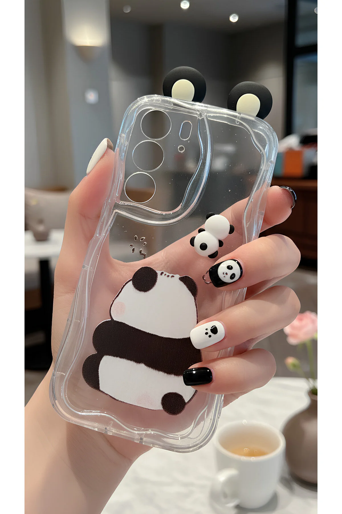 Realme C75 İçin Uyumlu 3D Kulaklı Sevimli Panda Figürlü Şeffaf Telefon Kılıfı
