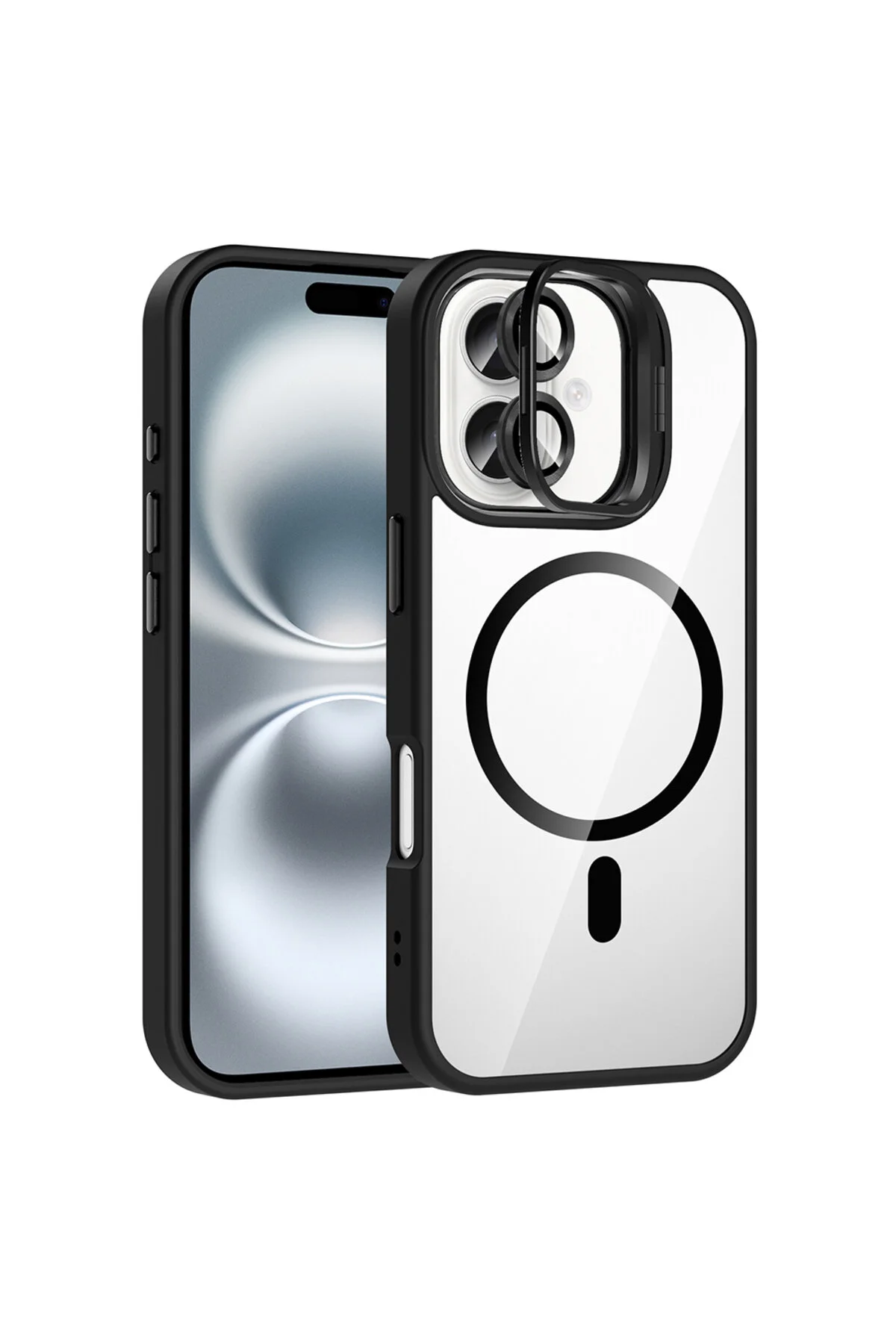 Apple iPhone 16 Plus Kılıf Standlı ve Kamera Lens Hediyeli M-Safe Şarj Özellikli Sararmaz Kılıf