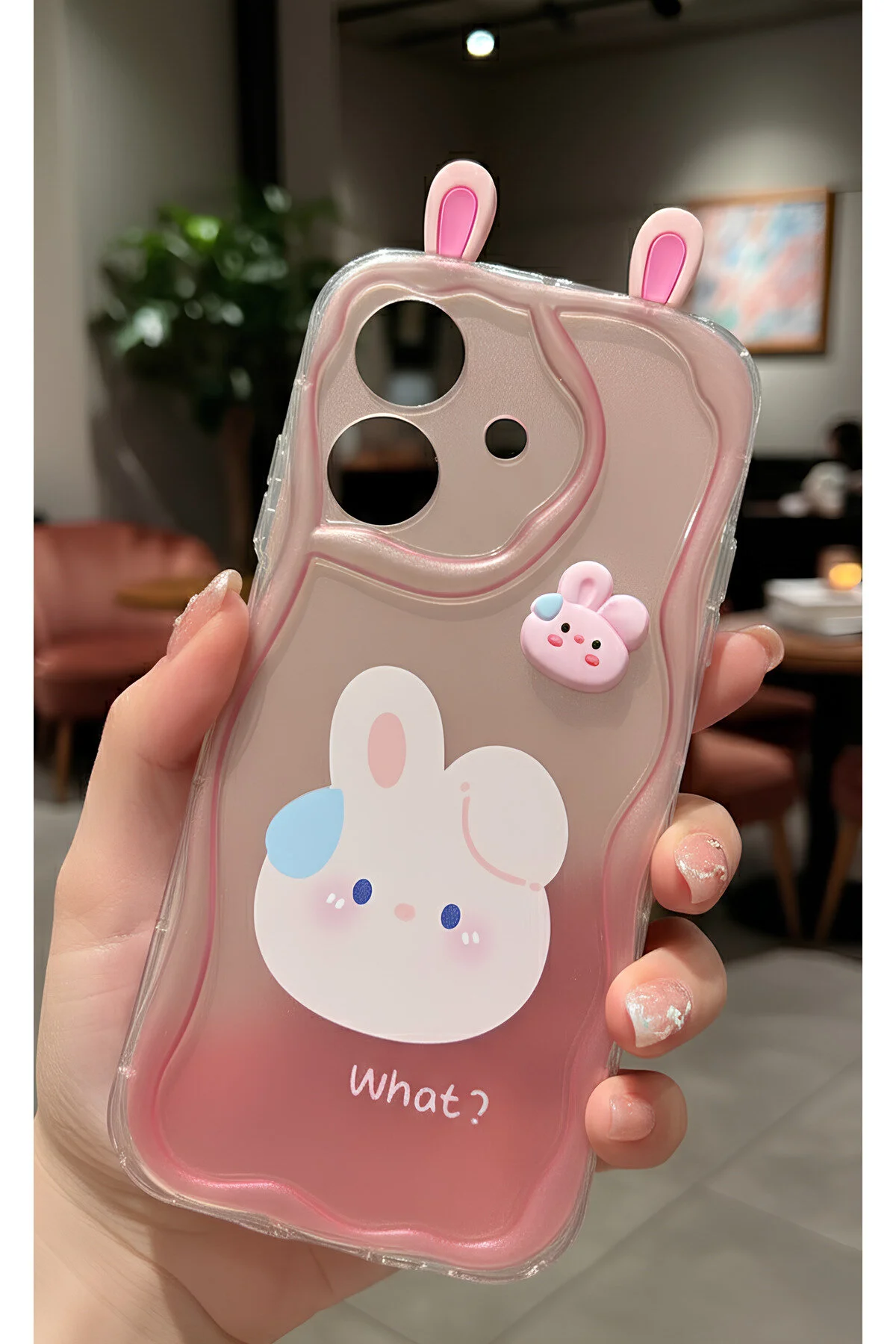 Realme C61 İçin Uyumlu 3D Tavşan Kulaklı Tasarımlı Dalgalı Kenar Şeffaf Pembe Kılıf