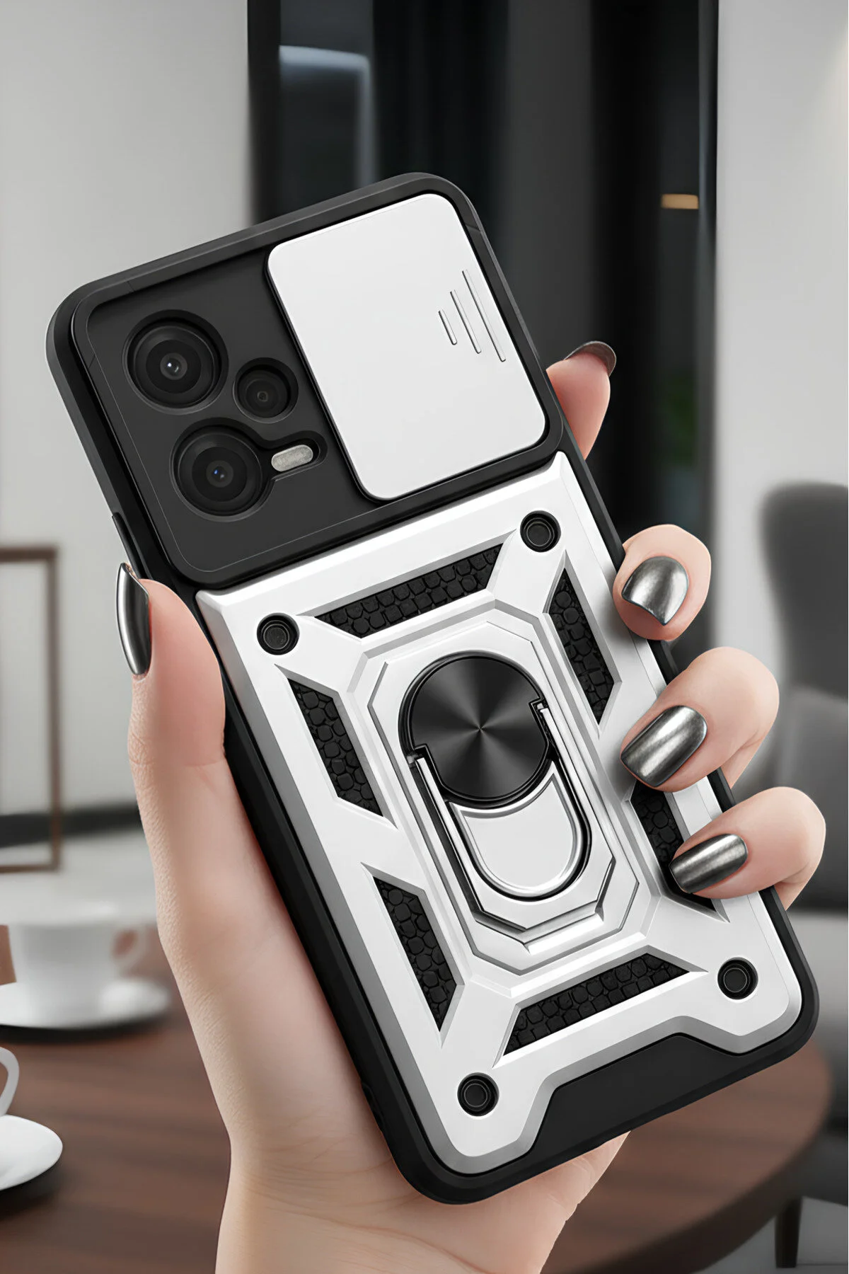 Redmi Note 12 5G Kılıf Sürgülü Kamera Korumalı Yüzüklü Stand Olabilen Magnetic Tpu Tank Kapak