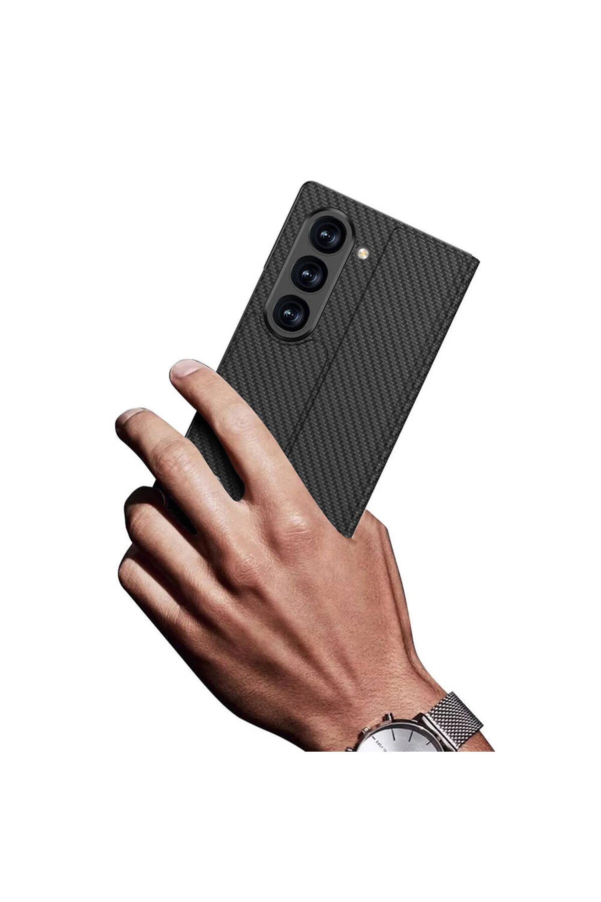 Galaxy Z Fold 6 Kılıf Karbon Fiber Tasarımlı Magnetik Tokalı Kartlıklı Hatreds Kıpta Kapak