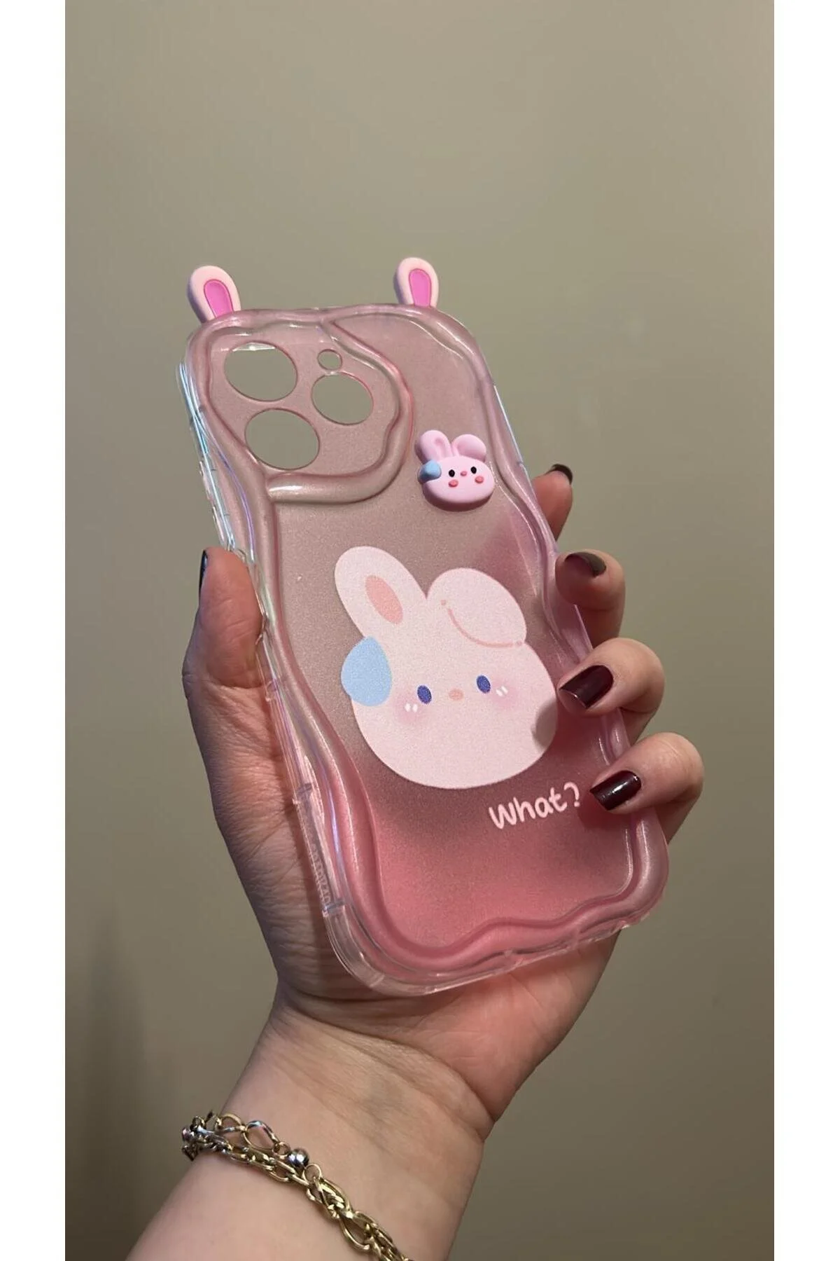 Tecno Spark 40 İçin Uyumlu 3D Tavşan Kulaklı Tasarımlı Dalgalı Kenar Şeffaf Pembe Kılıf
