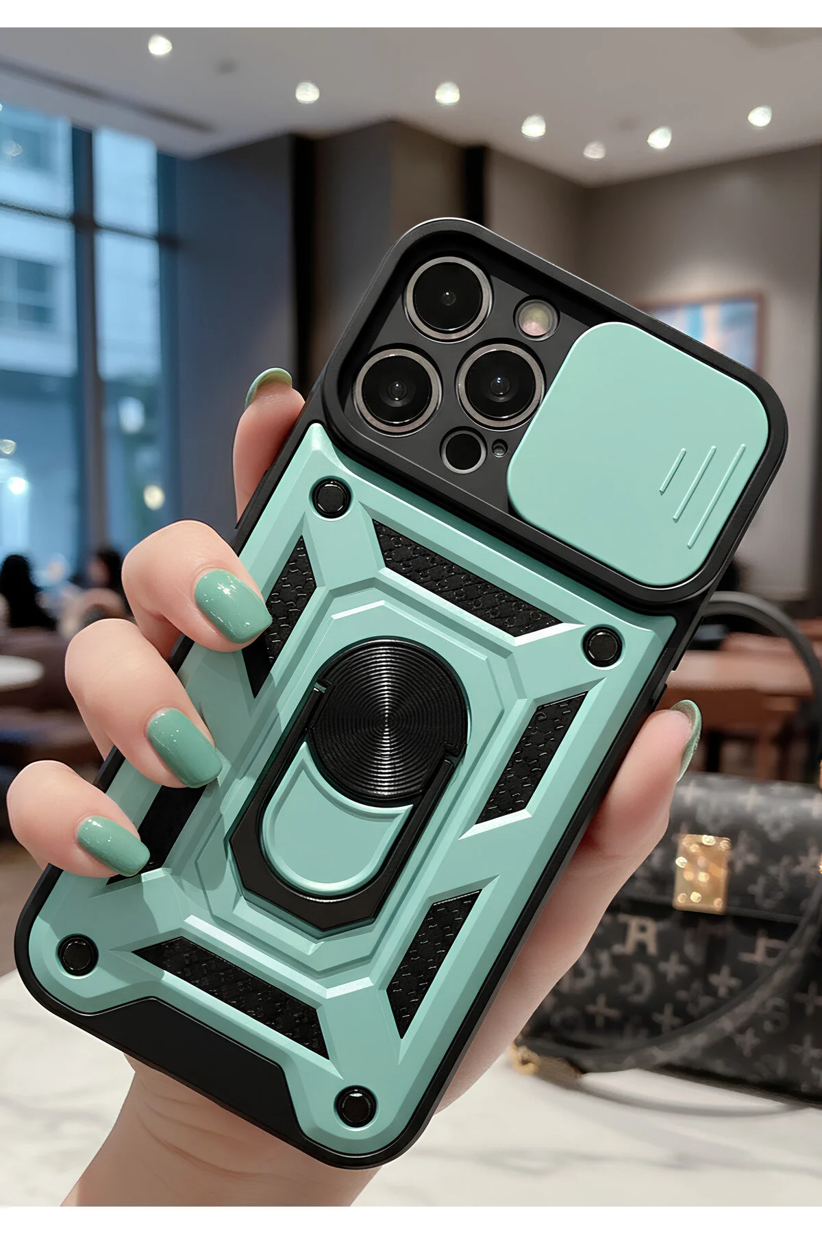 iPhone 11 Pro Max Kılıf Sürgülü Kamera Korumalı Yüzüklü Stand Olabilen Magnetic Tpu Tank Kapak