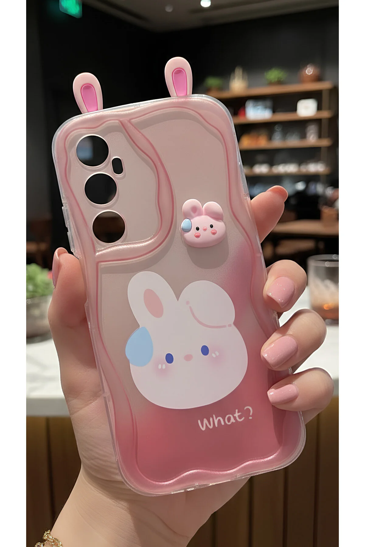 Realme C65 İçin Uyumlu 3D Tavşan Kulaklı Tasarımlı Dalgalı Kenar Şeffaf Pembe Kılıf