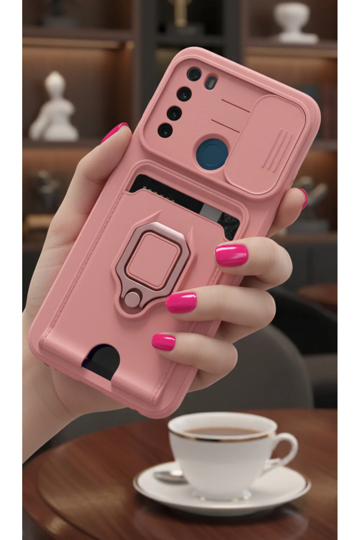 Xiaomi Redmi Note 8 Kılıf Kamera Koruma Sürgülü Kartvizitli Kartlıklı Standlı İpli Renkli Kapak