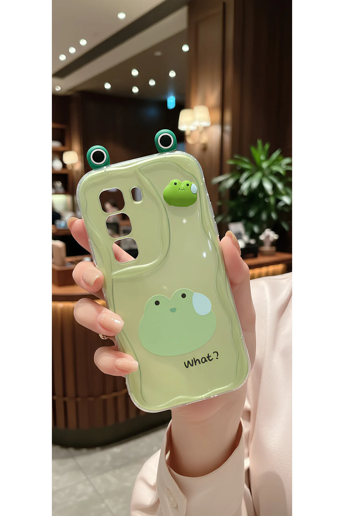 İnfinix Hot 50 Pro İçin Uyumlu 3D Gözlü Sevimli Yeşil Kurbağa Tasarımlı Dalgalı Telefon Kılıfı