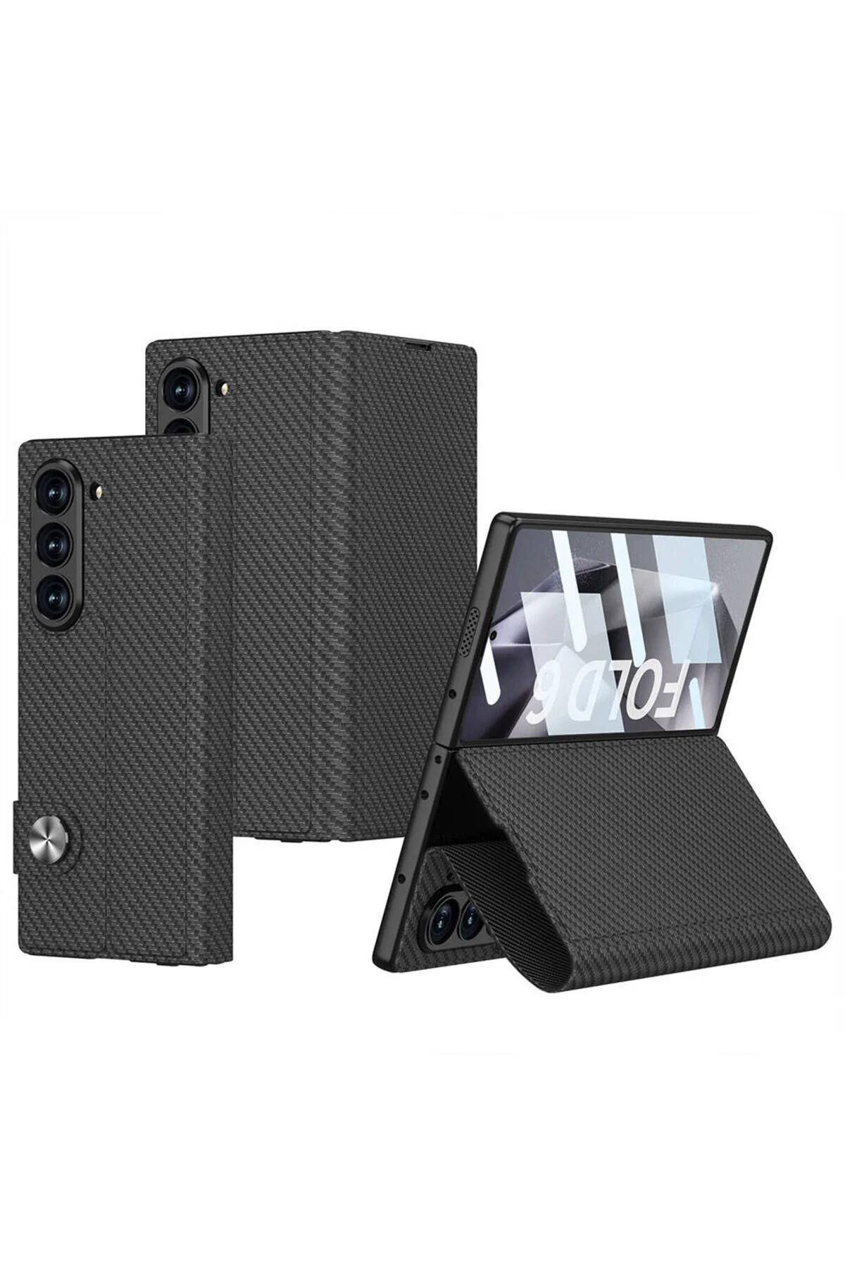 Galaxy Z Fold 6 Kılıf Karbon Fiber Tasarımlı Magnetik Tokalı Kartlıklı Hatreds Kıpta Kapak