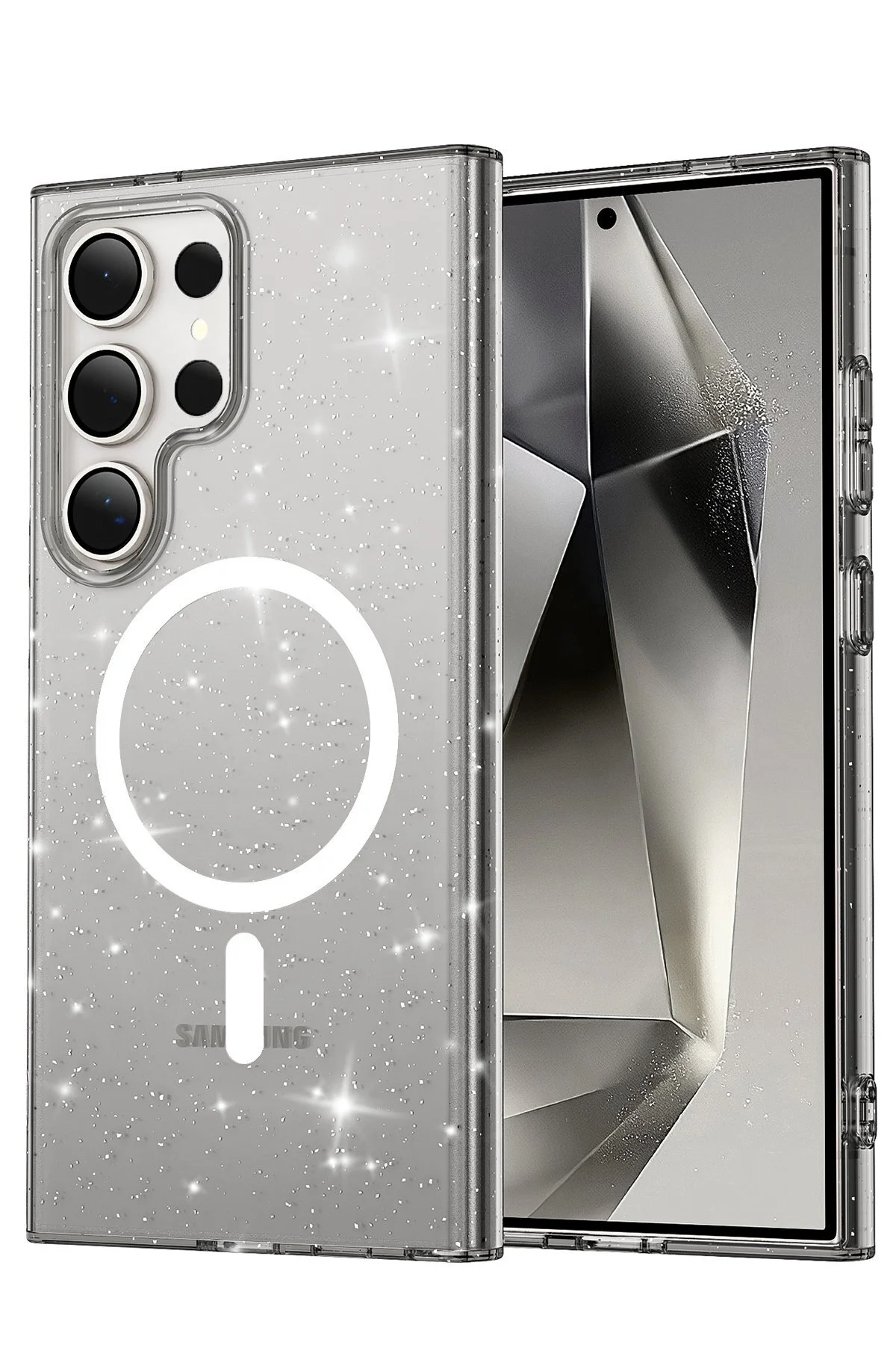 Samsung Galaxy S23 Ultra Uyumlu Renkli MagneticSafe Parlayan Simli A+ Kalite Silikon Kapak - Siyah