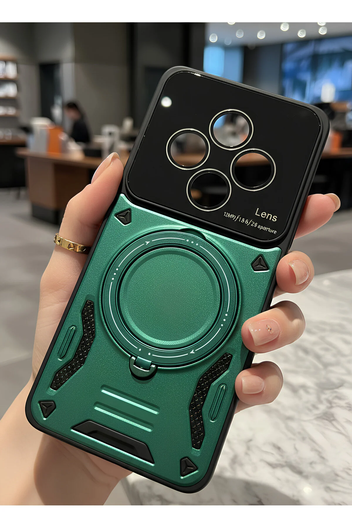 Redmi 14C ve Poco C75 İçin Uyumlu 3D Kamera Lens Korumalı Yüzüklü Stand Olabilen Kılıf