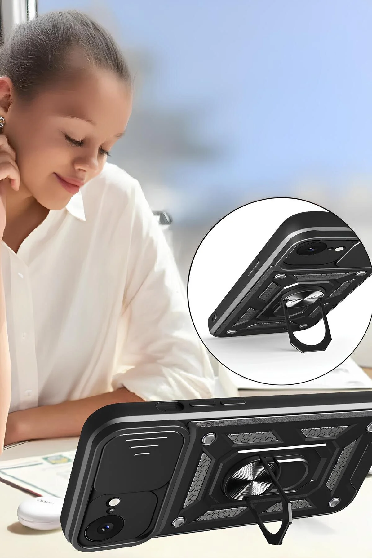 iPhone 12 Mini Kılıf Sürgülü Kamera Korumalı Yüzüklü Stand Olabilen Magnetic Tpu Tank Kapak