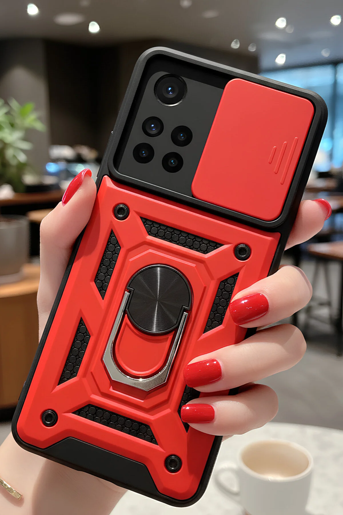 Poco M4 Pro 5G Kılıf Sürgülü Kamera Korumalı Yüzüklü Stand Olabilen Magnetic Tpu Tank Kapak