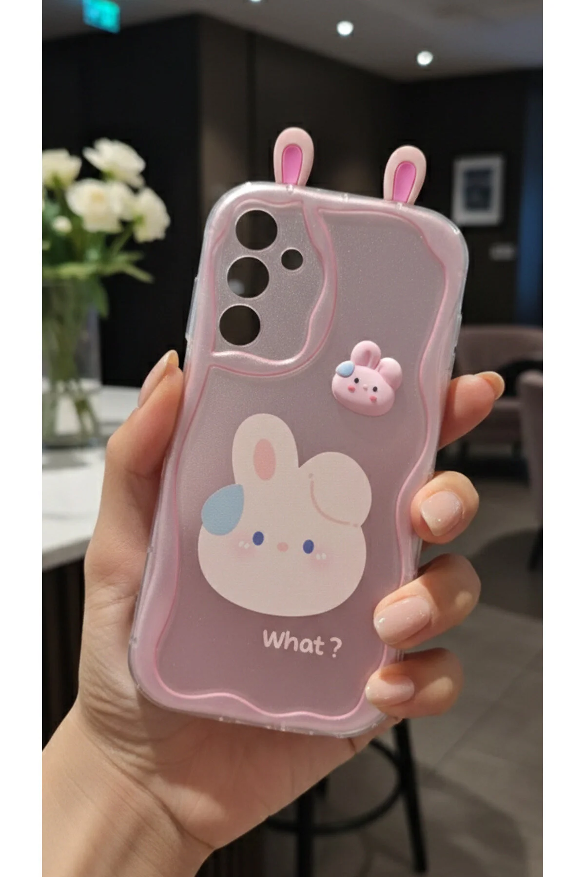 Galaxy A17 İçin Uyumlu 3D Tavşan Kulaklı Tasarımlı Dalgalı Kenar Şeffaf Pembe Kılıf