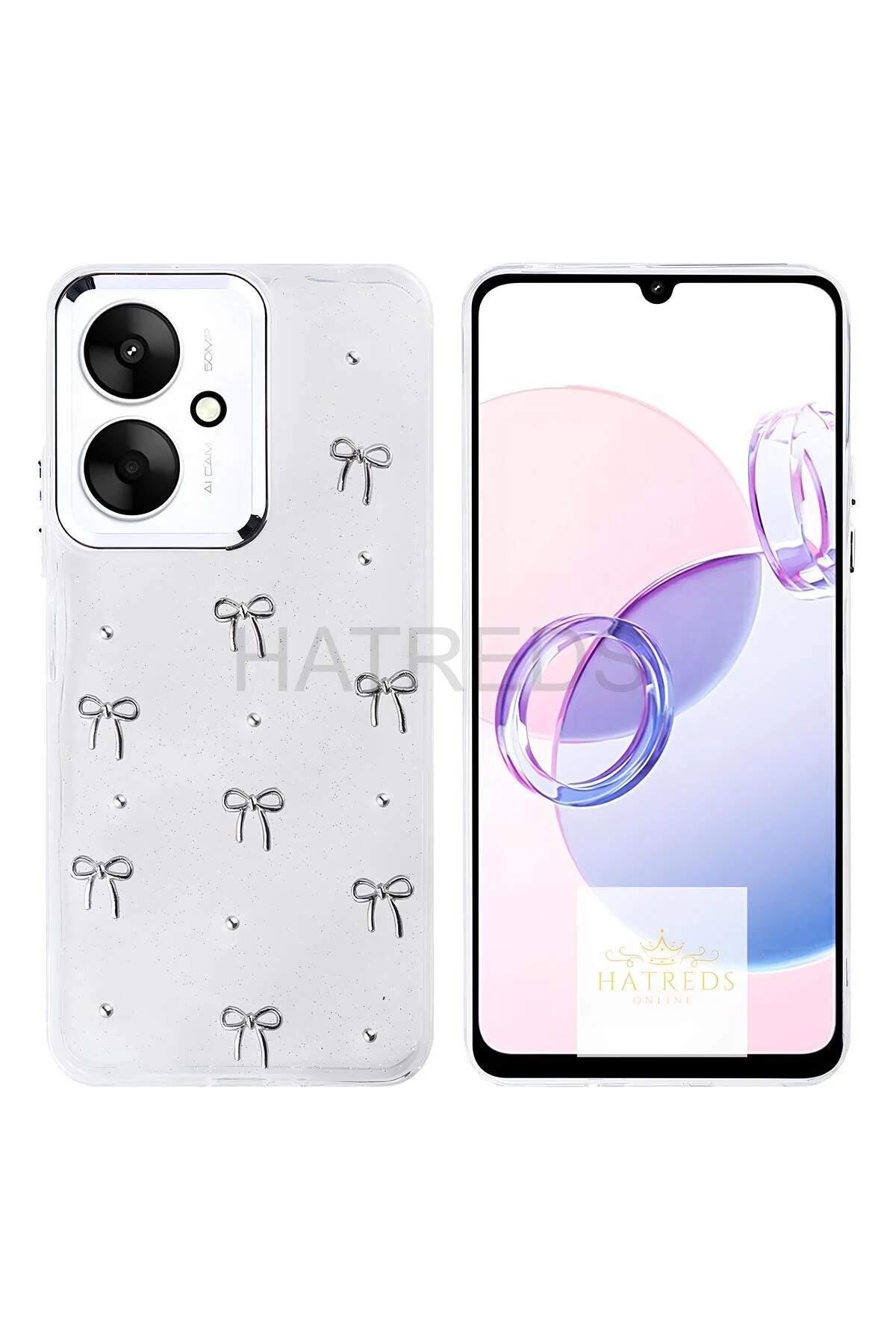 Xiaomi Redmi 13C ve Poco C65 Kılıf Kamera Çıkıntılı Metalik Çıkartma Figürlü Şeffaf Tasarım Kapak