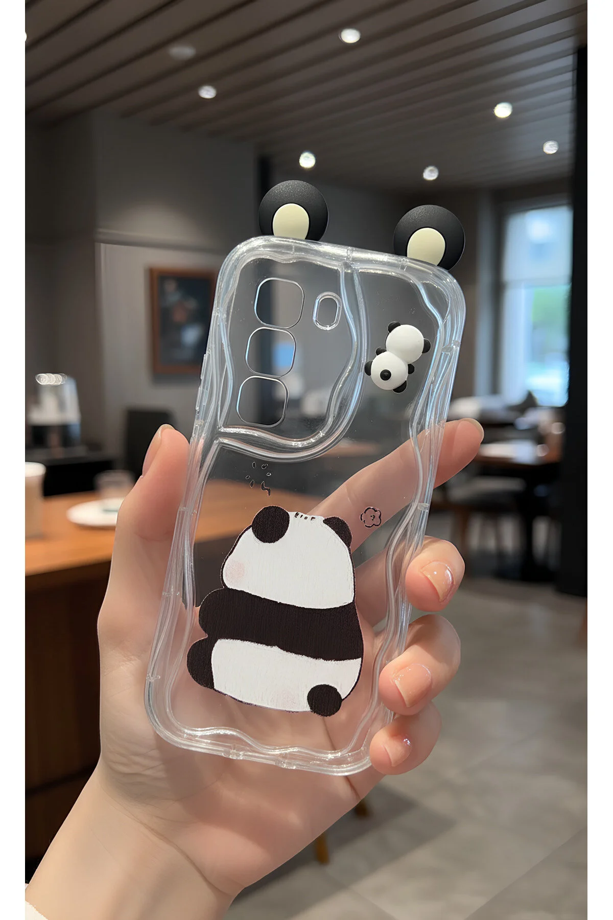 İnfinix Hot 50 Pro İçin Uyumlu 3D Kulaklı Sevimli Panda Figürlü Şeffaf Telefon Kılıfı