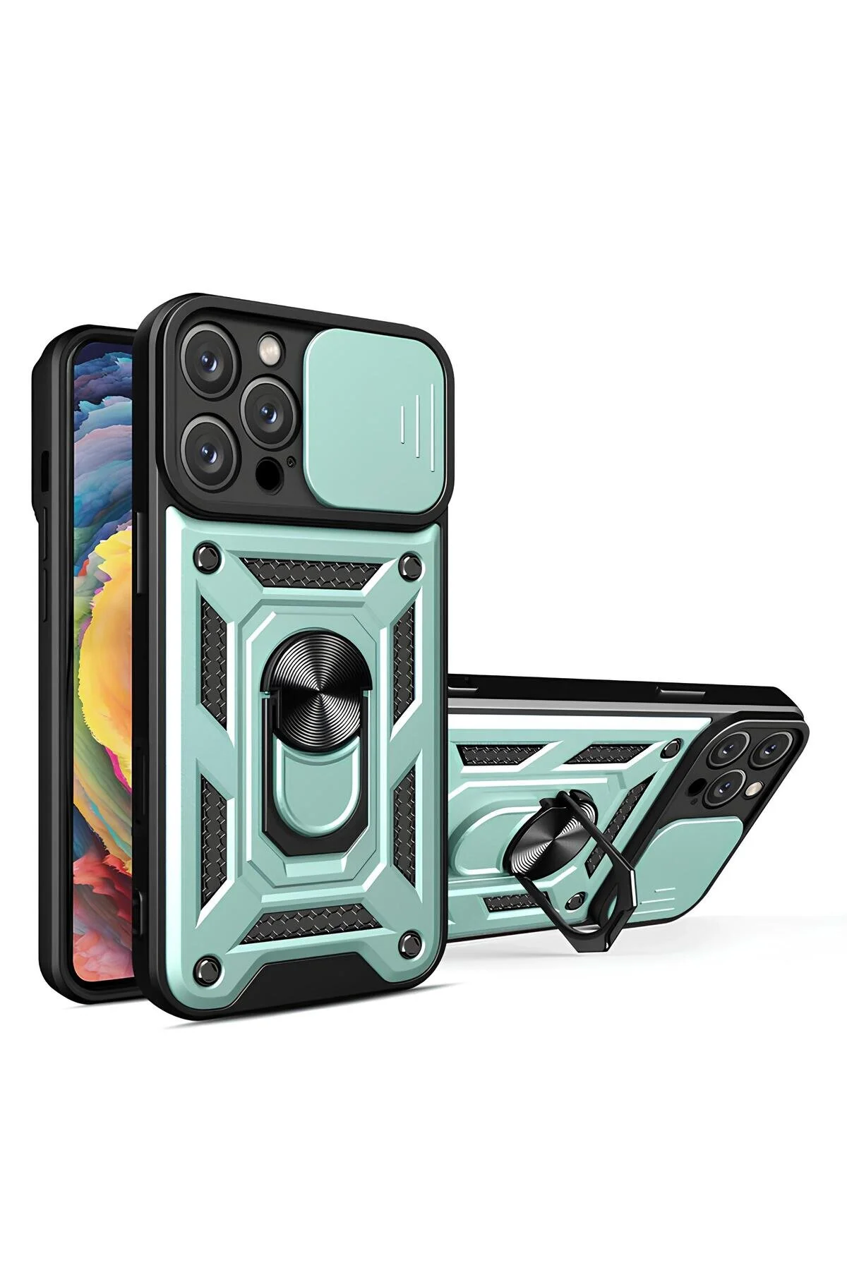 iPhone 11 Pro Max Kılıf Sürgülü Kamera Korumalı Yüzüklü Stand Olabilen Magnetic Tpu Tank Kapak