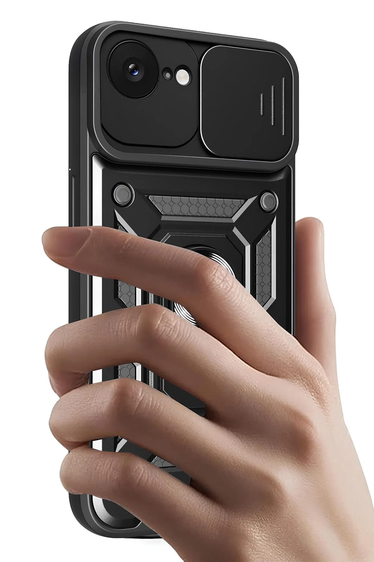 iPhone 12 Mini Kılıf Sürgülü Kamera Korumalı Yüzüklü Stand Olabilen Magnetic Tpu Tank Kapak