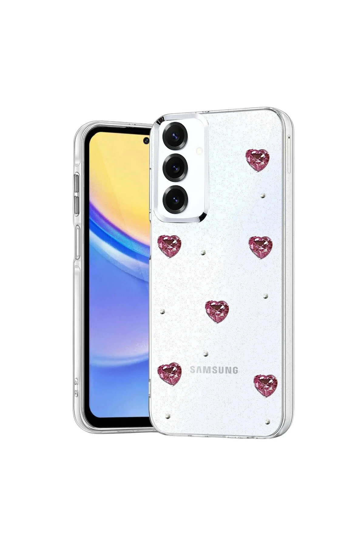 Samsung Galaxy A37 5G İçin Uyumlu Parlak Çıkartma Tasarımlı Simli Şeffaf Sararmaz Kılıf