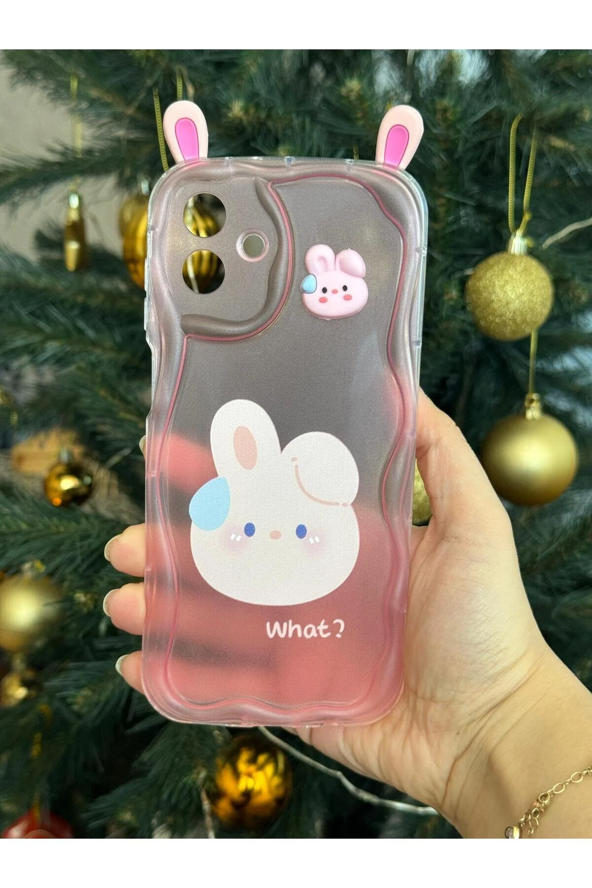 Galaxy A07 İçin Uyumlu 3D Tavşan Kulaklı Tasarımlı Dalgalı Kenar Şeffaf Pembe Kılıf