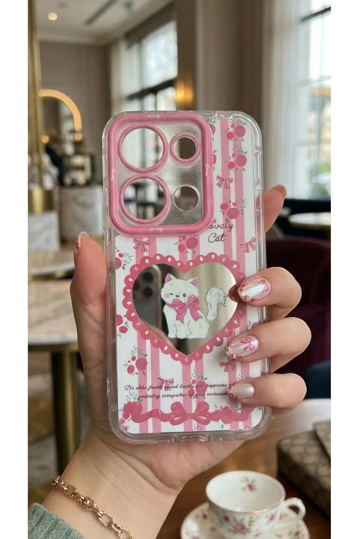 Redmi Note 13 Pro 4G İçin Uyumlu Aynalı Desenli Tasarımlı Kedi Figürlü Kılıf