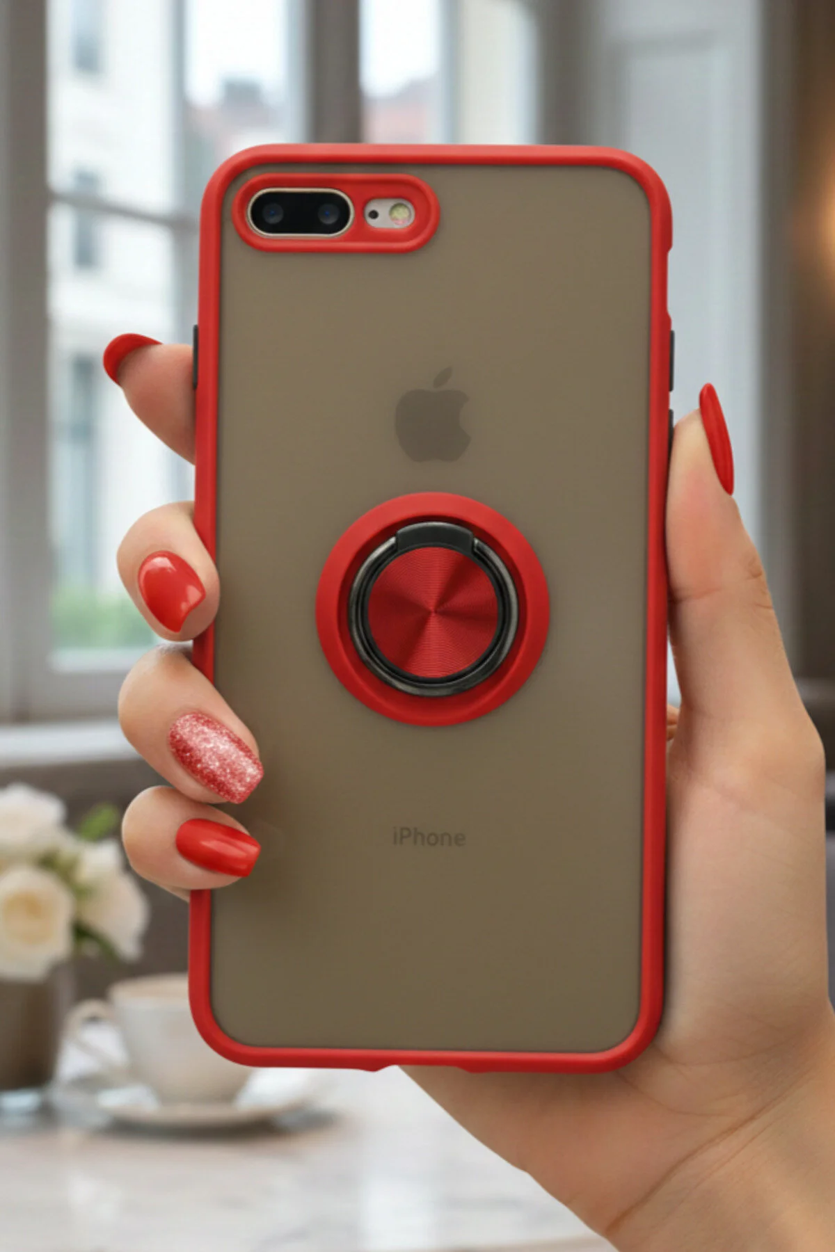 iPhone 7 Plus İçin Kamera Korumalı Yüzüklü Kılıf - Leke Tutmaz Mat ve Dayanıklı Yapı