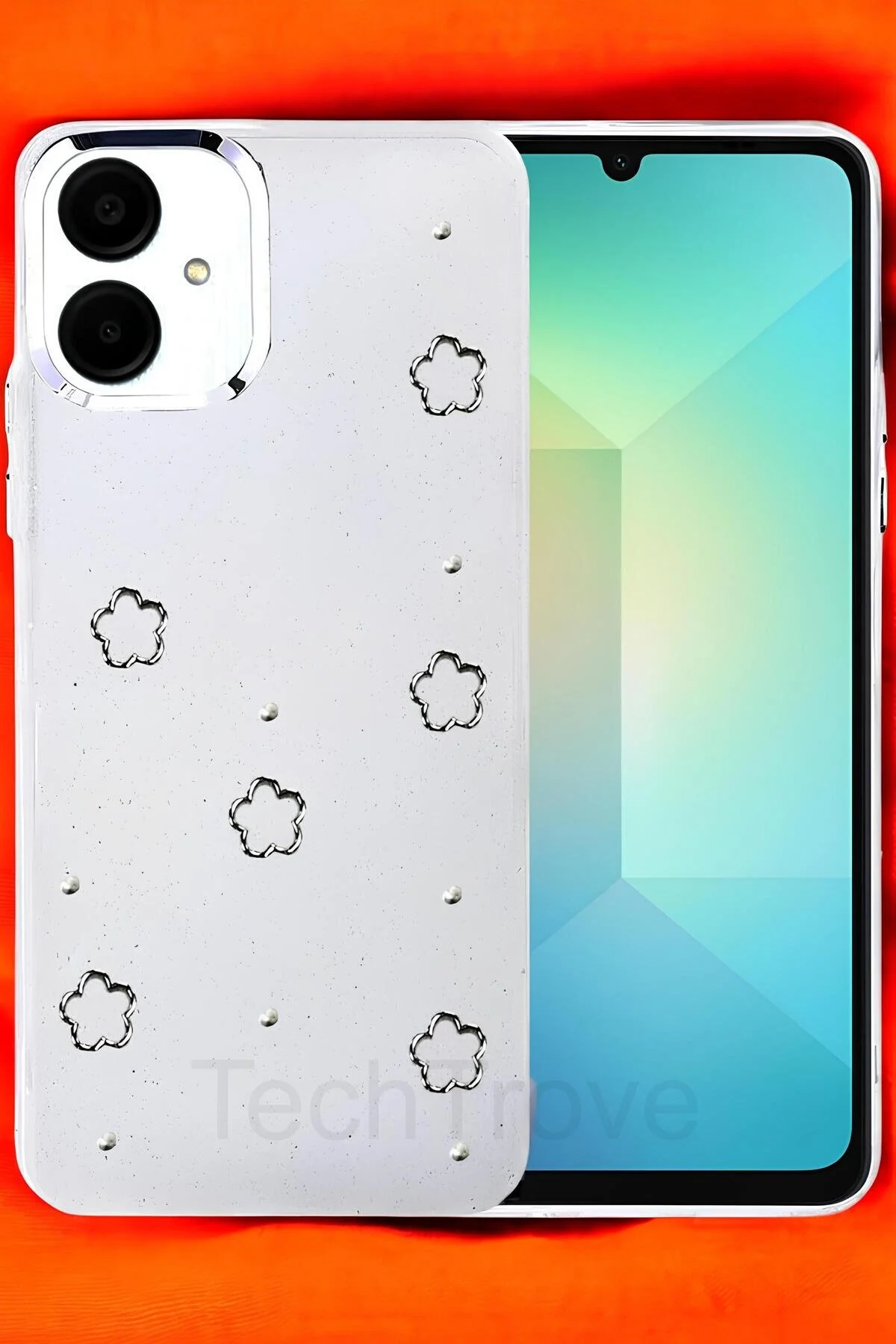 Samsung Galaxy A06 Kılıf Parlak Çıkartma Tasarımlı Simli Şeffaf Sararmaz Silikon Kapak