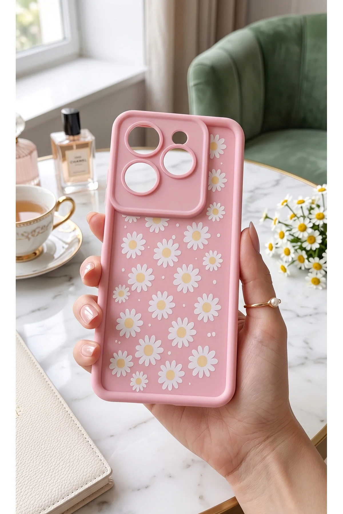 İnfinix Hot 40 Pro Papatya Desenli Silikon Telefon Kılıfı Darbe Korumalı Soft Pembe Şık Kapak