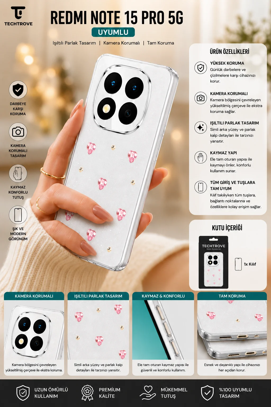 Redmi Note 15 Pro 5G Uyumlu Şeffaf ve Simli Darbe Emici Kamera Koruma Çıkıntılı Kılıf