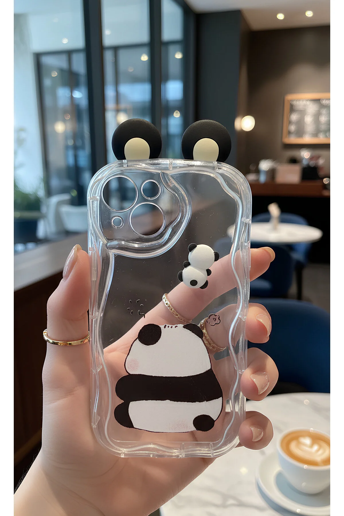 iPhone 13-14 İçin Uyumlu 3D Kulaklı Sevimli Panda Figürlü Şeffaf Telefon Kılıfı