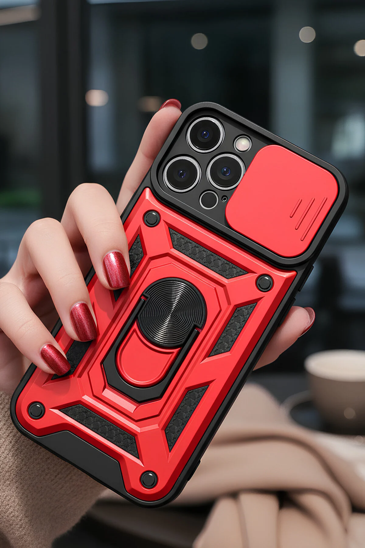 iPhone 12 Pro Max Kılıf Sürgülü Kamera Korumalı Yüzüklü Stand Olabilen Magnetic Tpu Tank Kapak